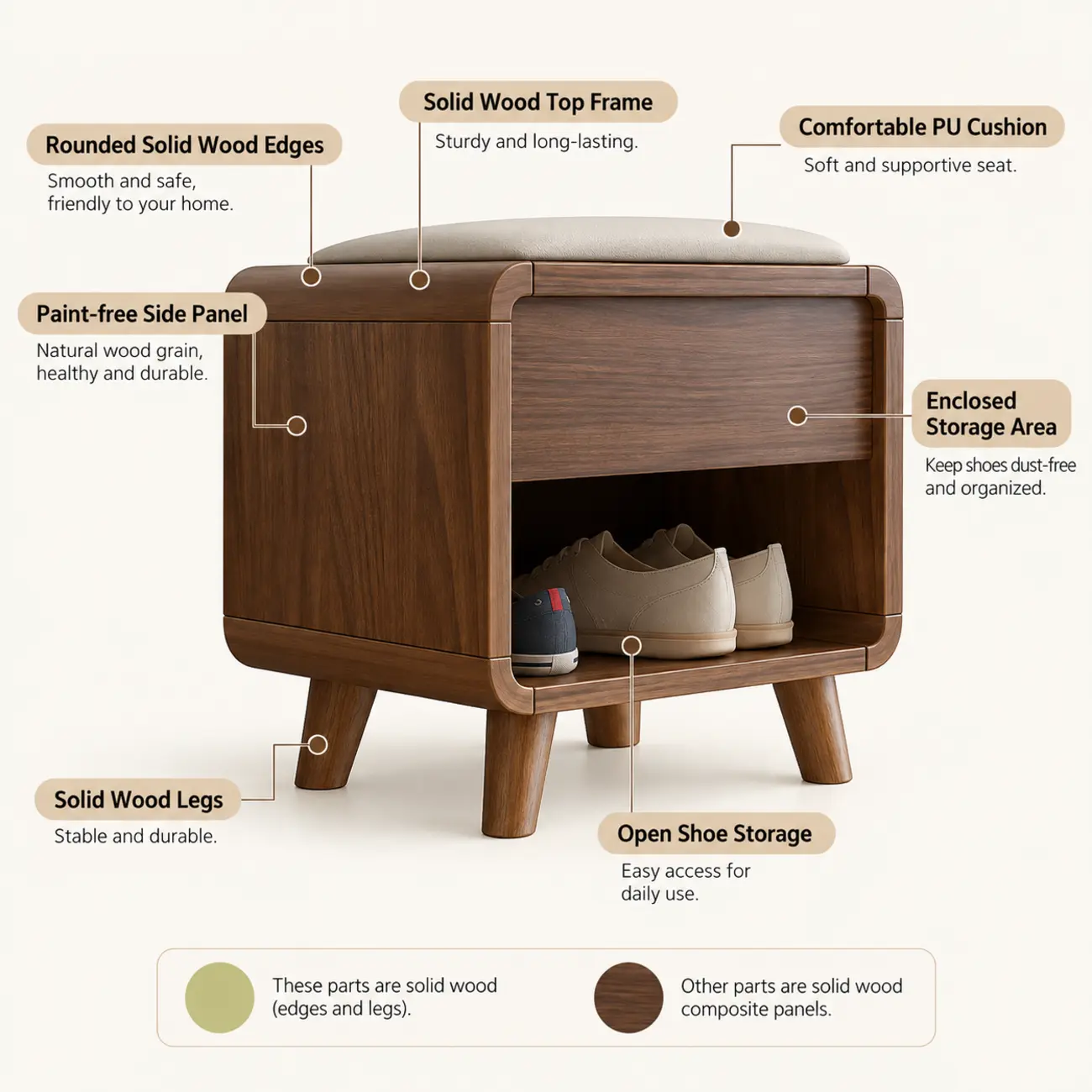 Entryway Natural Wood Shoe Storage Bench with Drawers Image - 4 | homeyfad