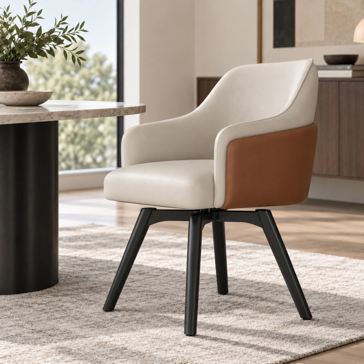 Light Gray-Brown Modern Swivel Faux Leather Dining Chair with Upholstered Solid Back Image - 2 | homeyfad