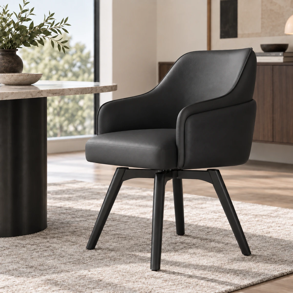 Black Modern Swivel Faux Leather Dining Chair with Upholstered Solid Back Image - 10 | homeyfad