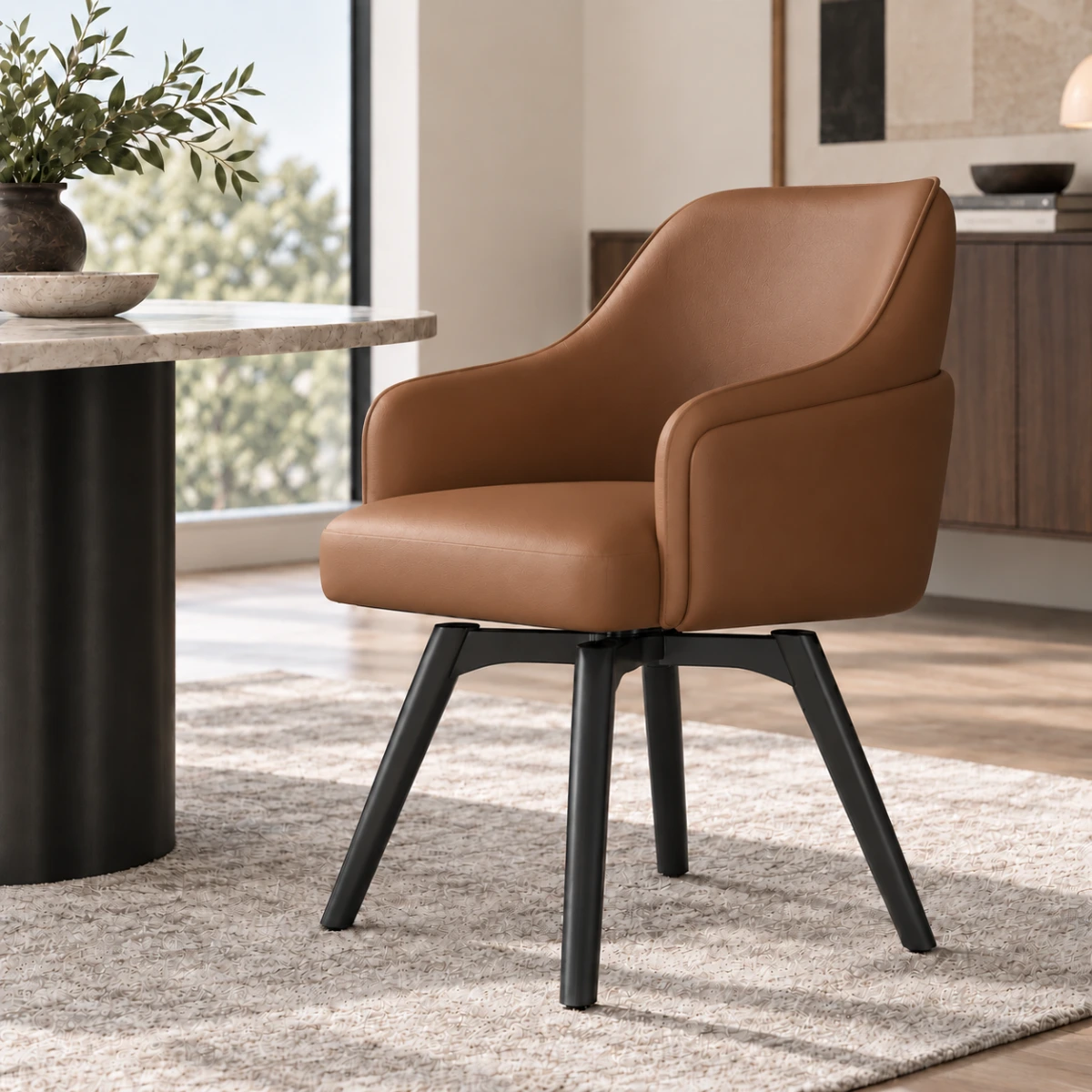 Brown Modern Swivel Faux Leather Dining Chair with Upholstered Solid Back Image - 11 | homeyfad