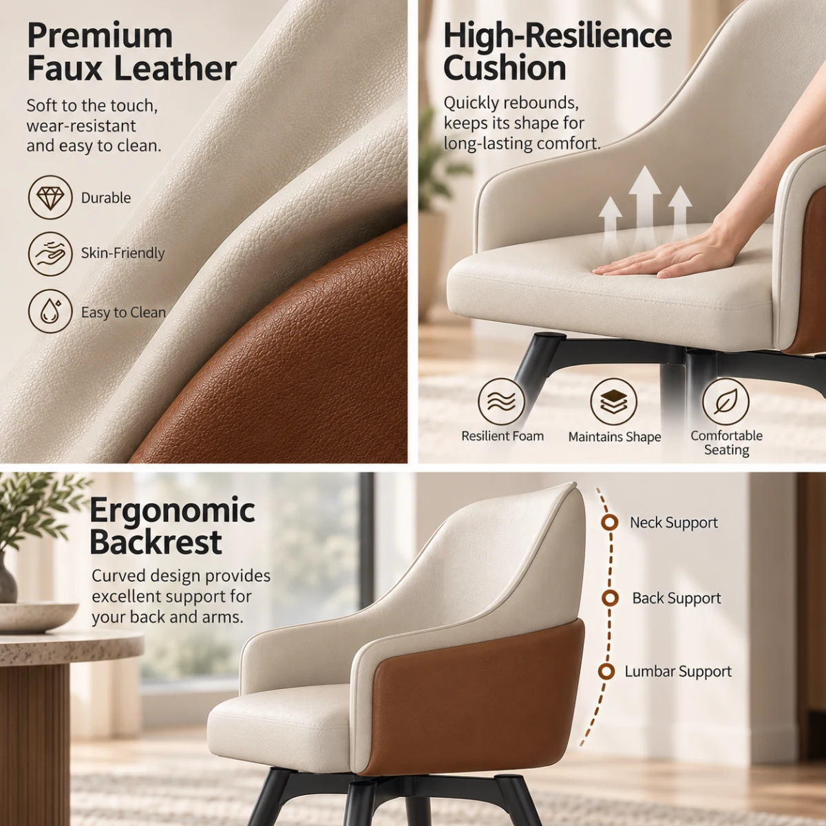Modern Swivel Faux Leather Dining Chair with Upholstered Solid Back Image - 6 | homeyfad