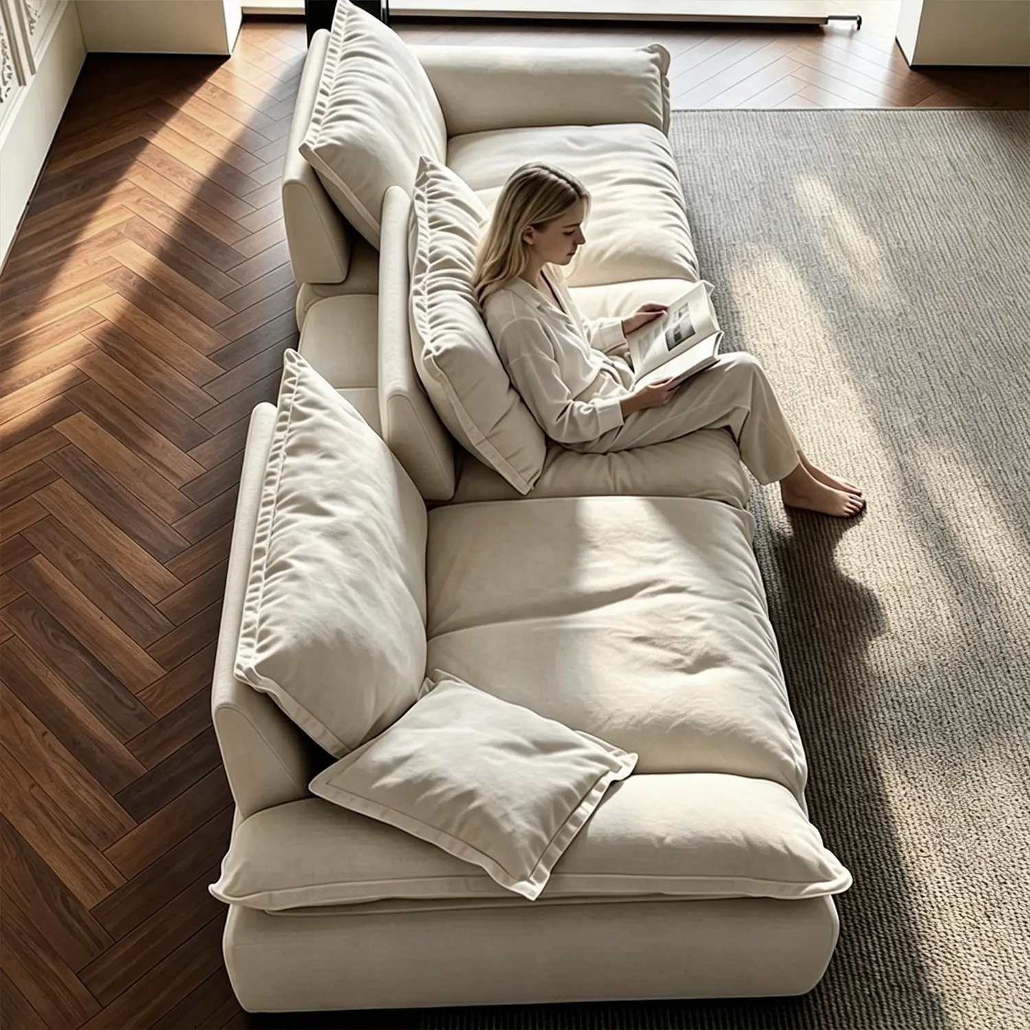 Beige Low-profile Cloud Sofa With Adjustable Backrest And Pillows Image - 3 | homeyfad