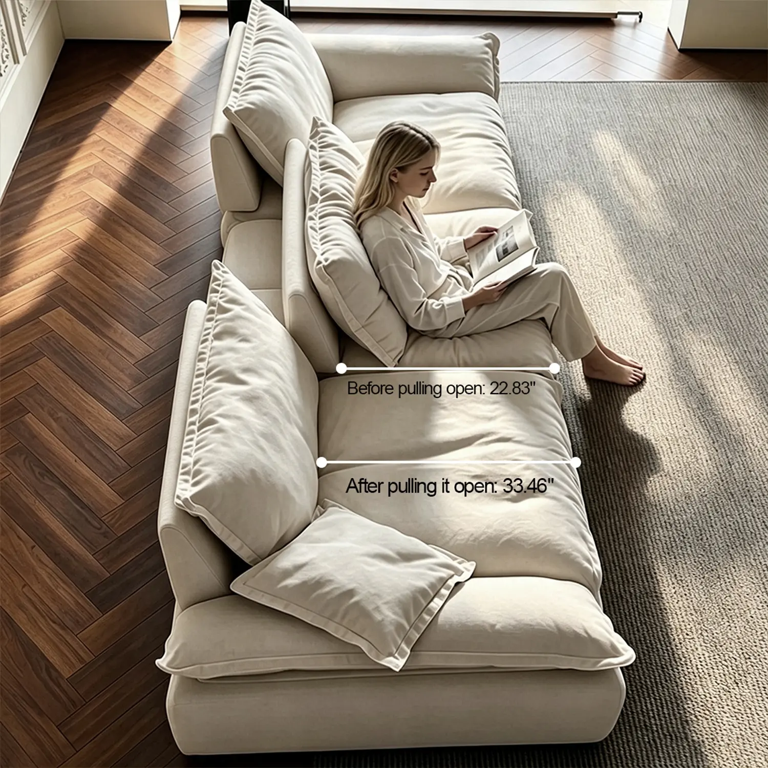 Beige Low-profile Cloud Sofa With Adjustable Backrest And Pillows Image - 13 | homeyfad