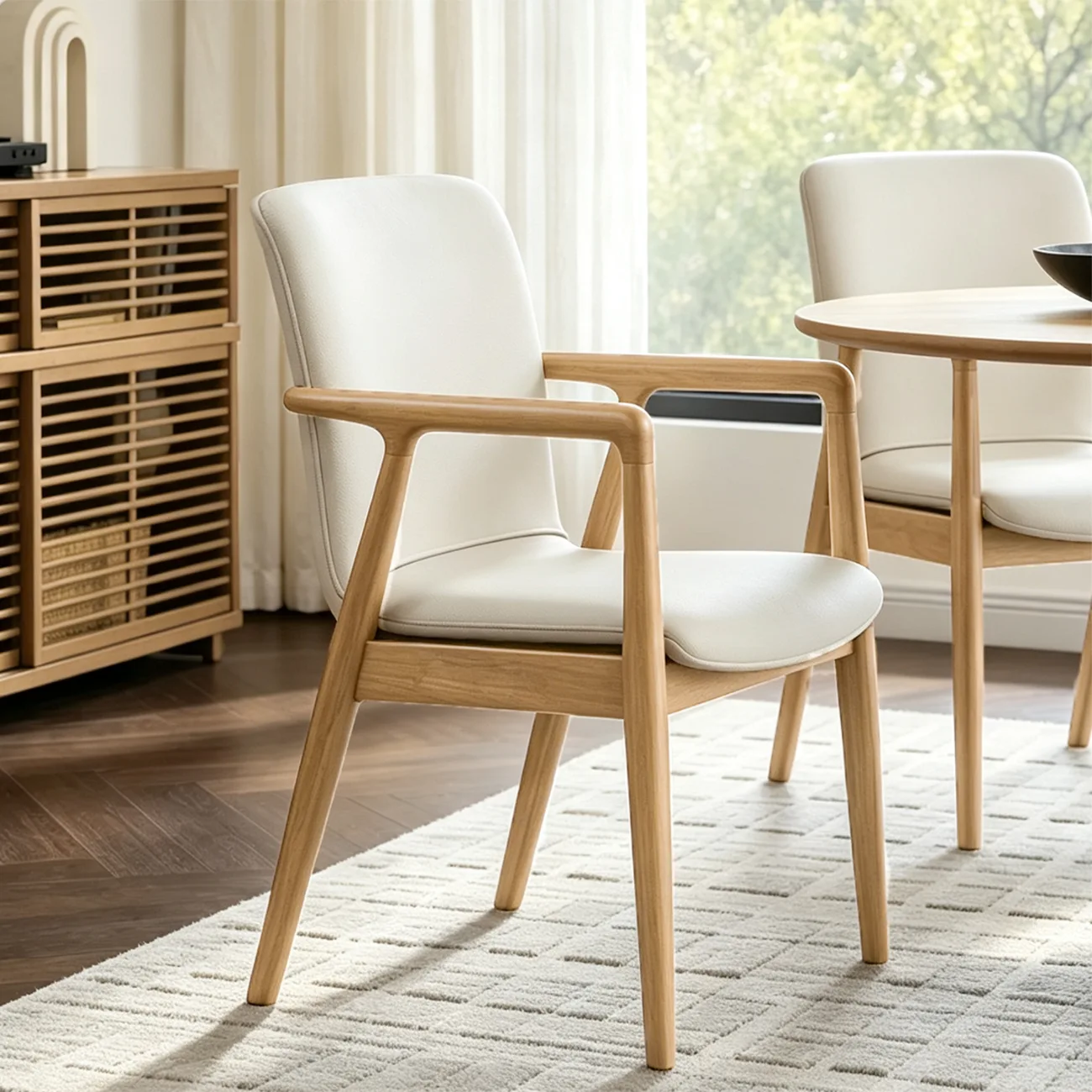 Modern Wood Faux Leather Upholstered Dining Chair with Arm Image - 9 | homeyfad