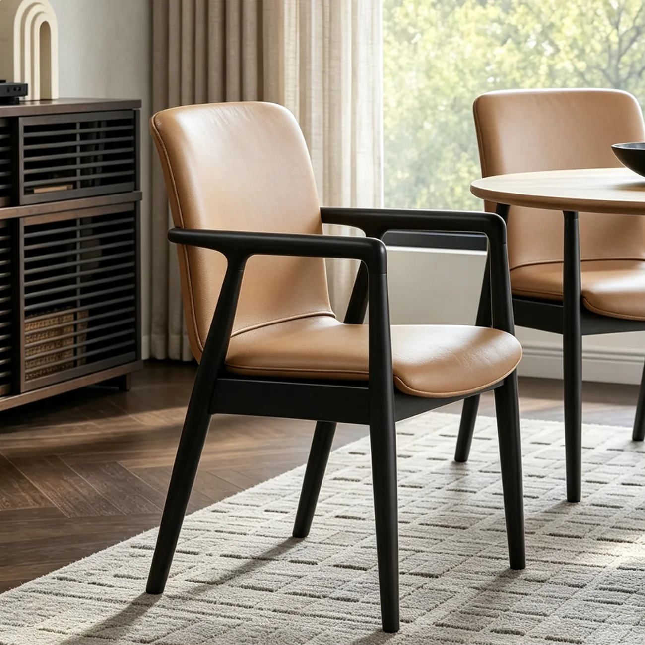 Modern Wood Faux Leather Upholstered Dining Chair with Arm Image - 10 | homeyfad