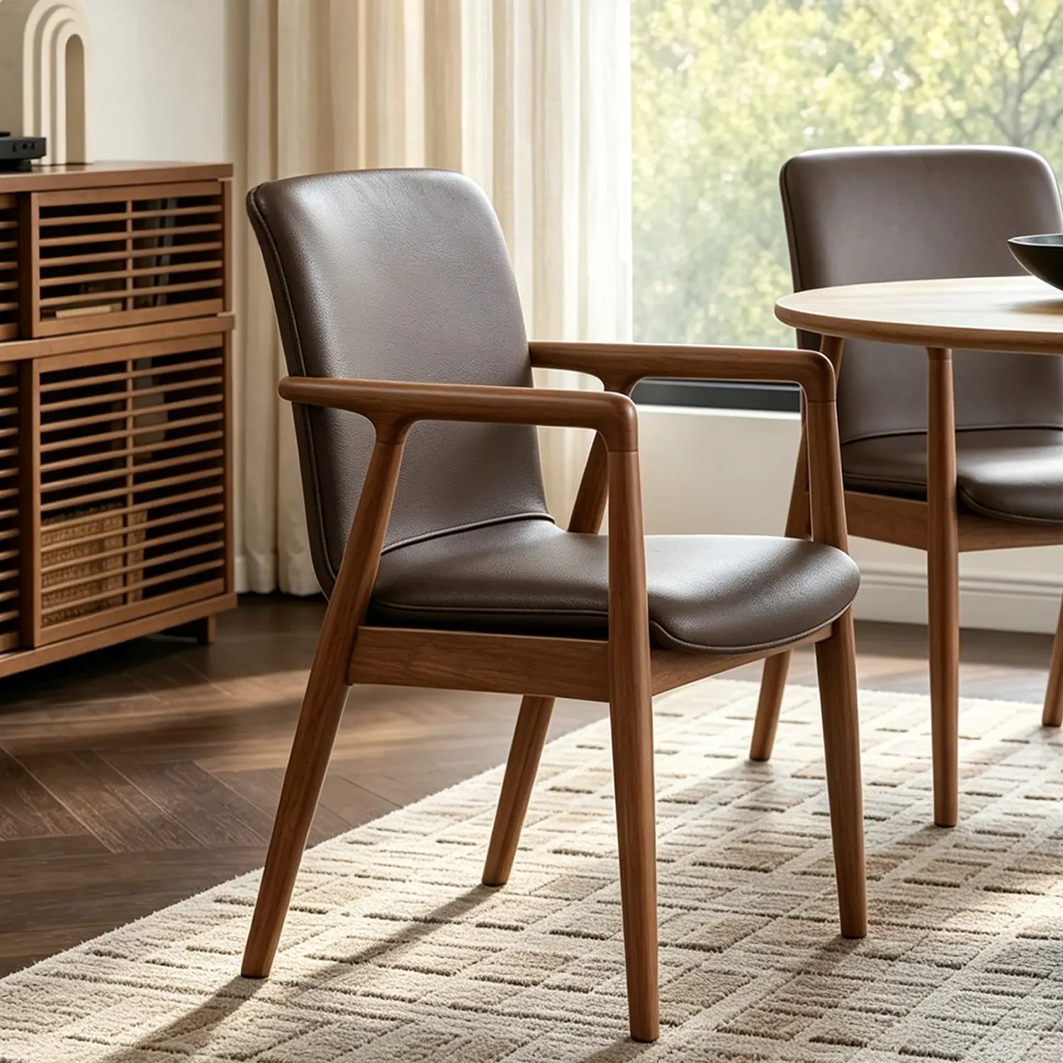 Modern Wood Faux Leather Upholstered Dining Chair with Arm Image - 8 | homeyfad