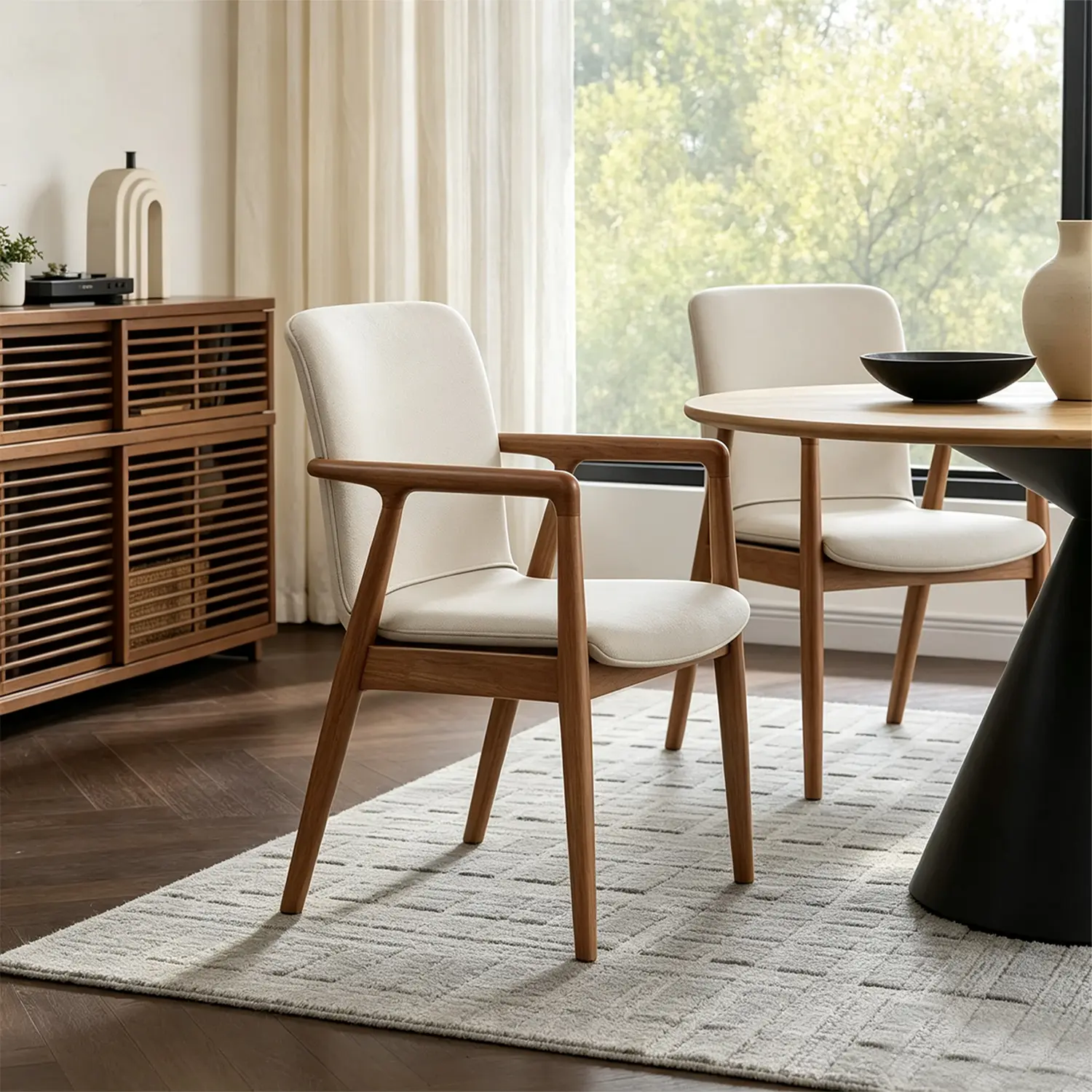 Modern Wood Faux Leather Upholstered Dining Chair with Arm Image - 3 | homeyfad