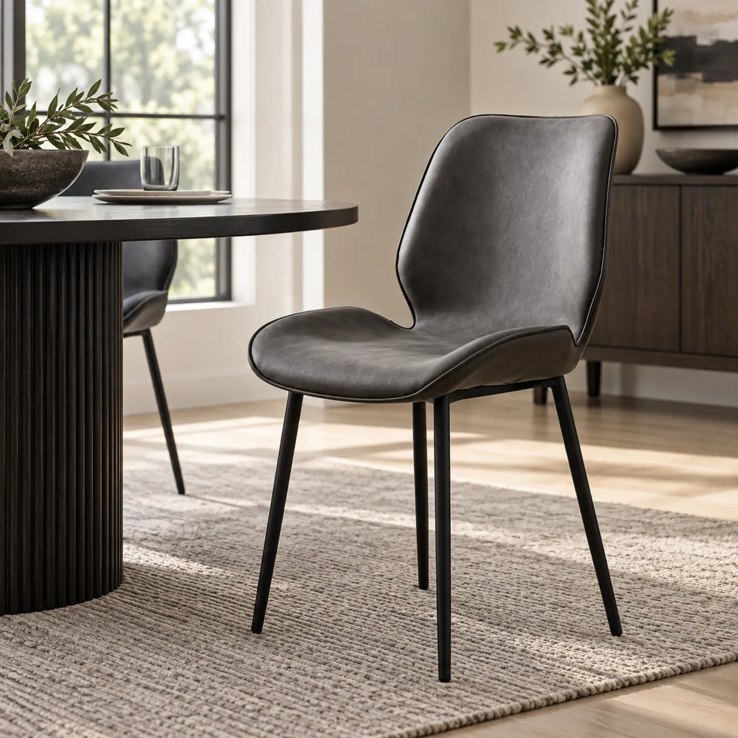 Dark Gray Modern Wingback Faux Leather Upholstered Dining Chair Metal Legs Image - 7 | homeyfad
