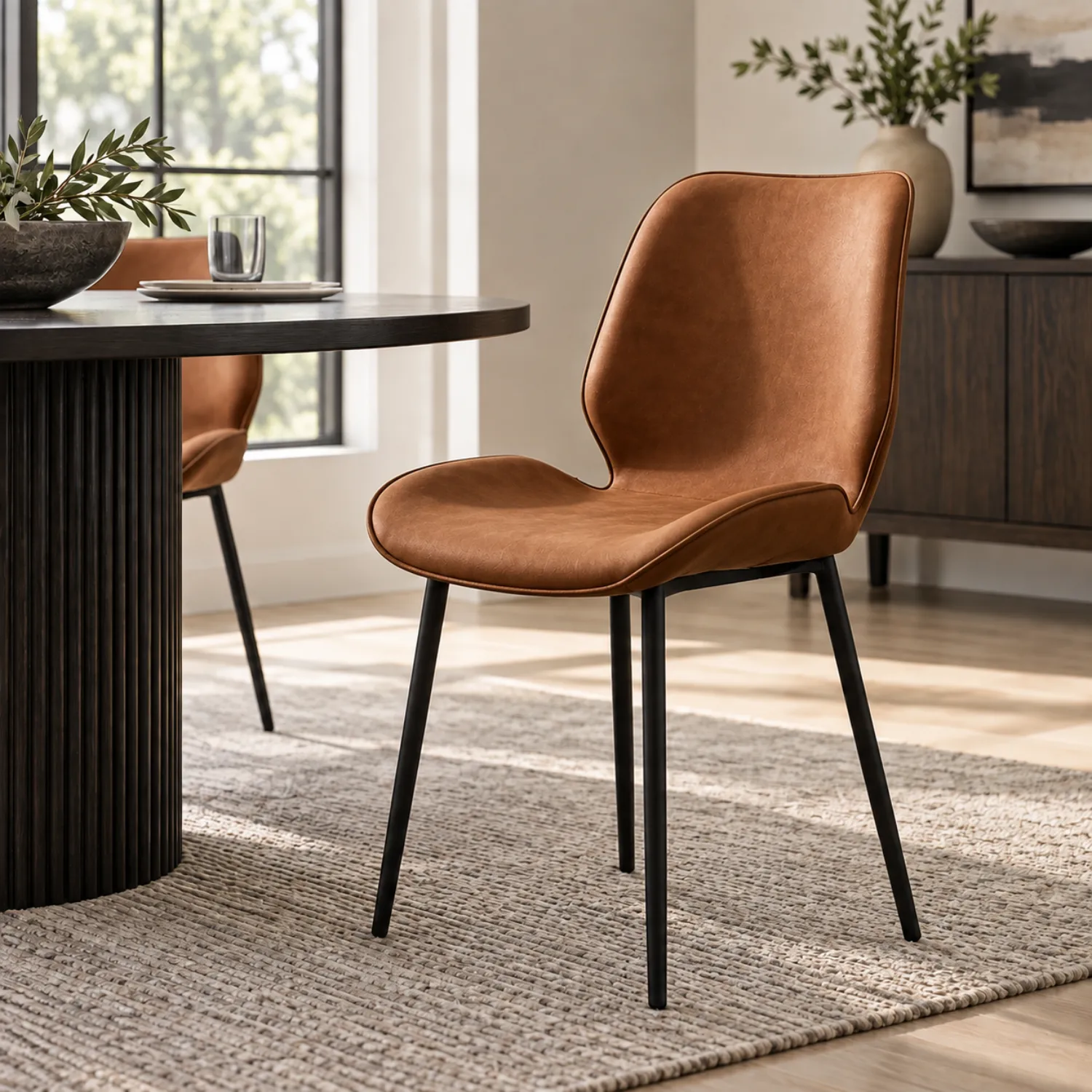 Dark Brown Modern Wingback Faux Leather Upholstered Dining Chair Metal Legs Image - 8 | homeyfad