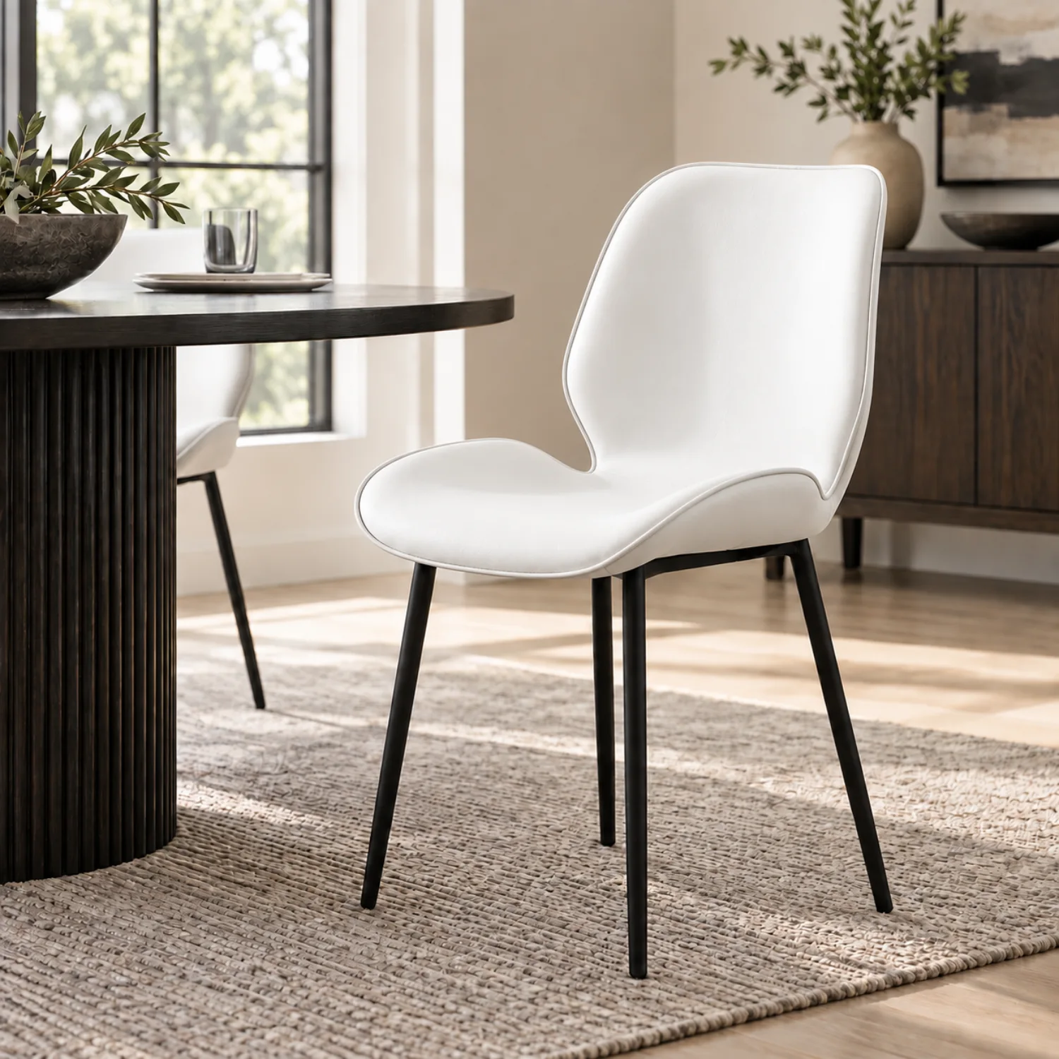 White Modern Wingback Faux Leather Upholstered Dining Chair Metal Legs Image - 6 | homeyfad