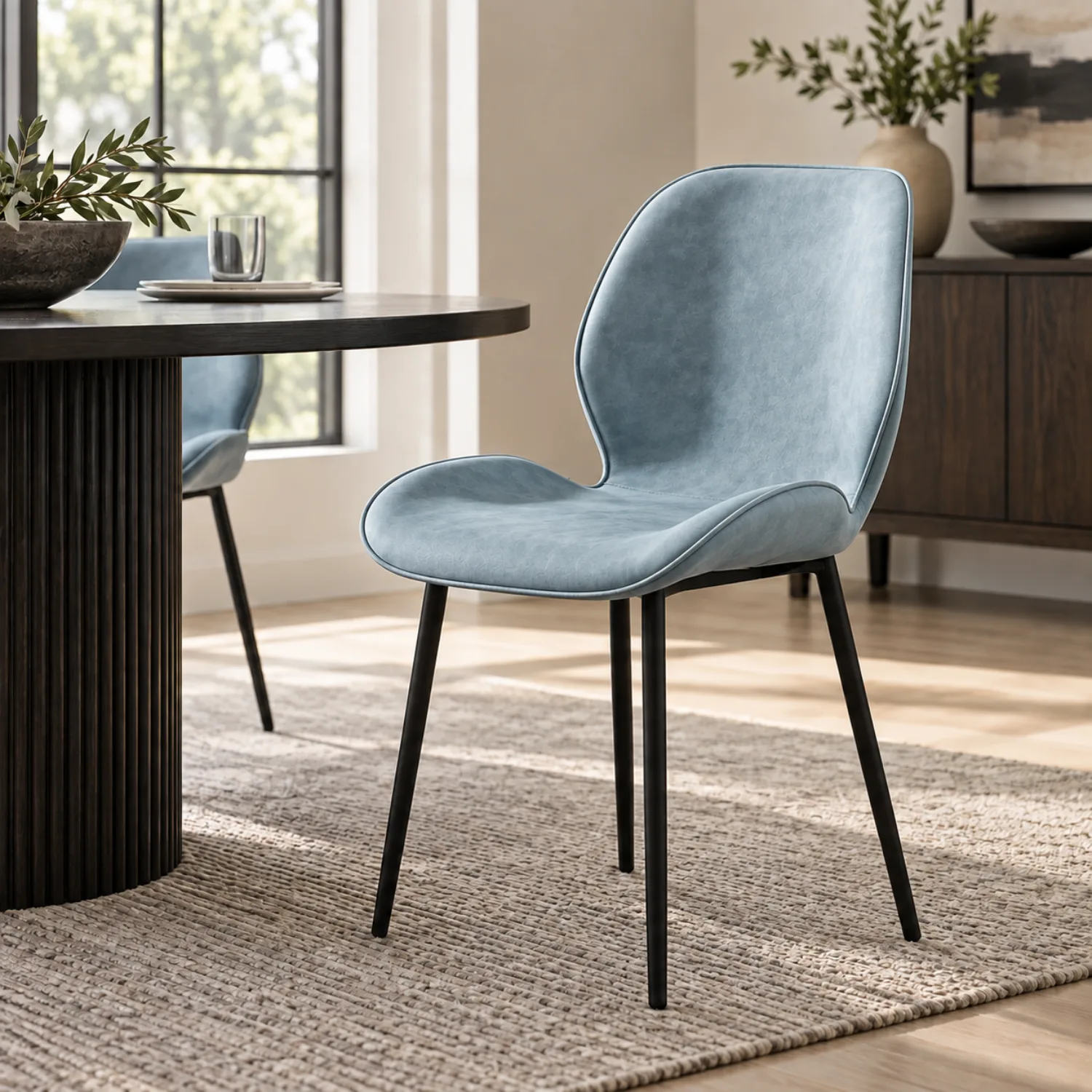 Sky Blue Modern Wingback Faux Leather Upholstered Dining Chair Metal Legs Image - 2 | homeyfad