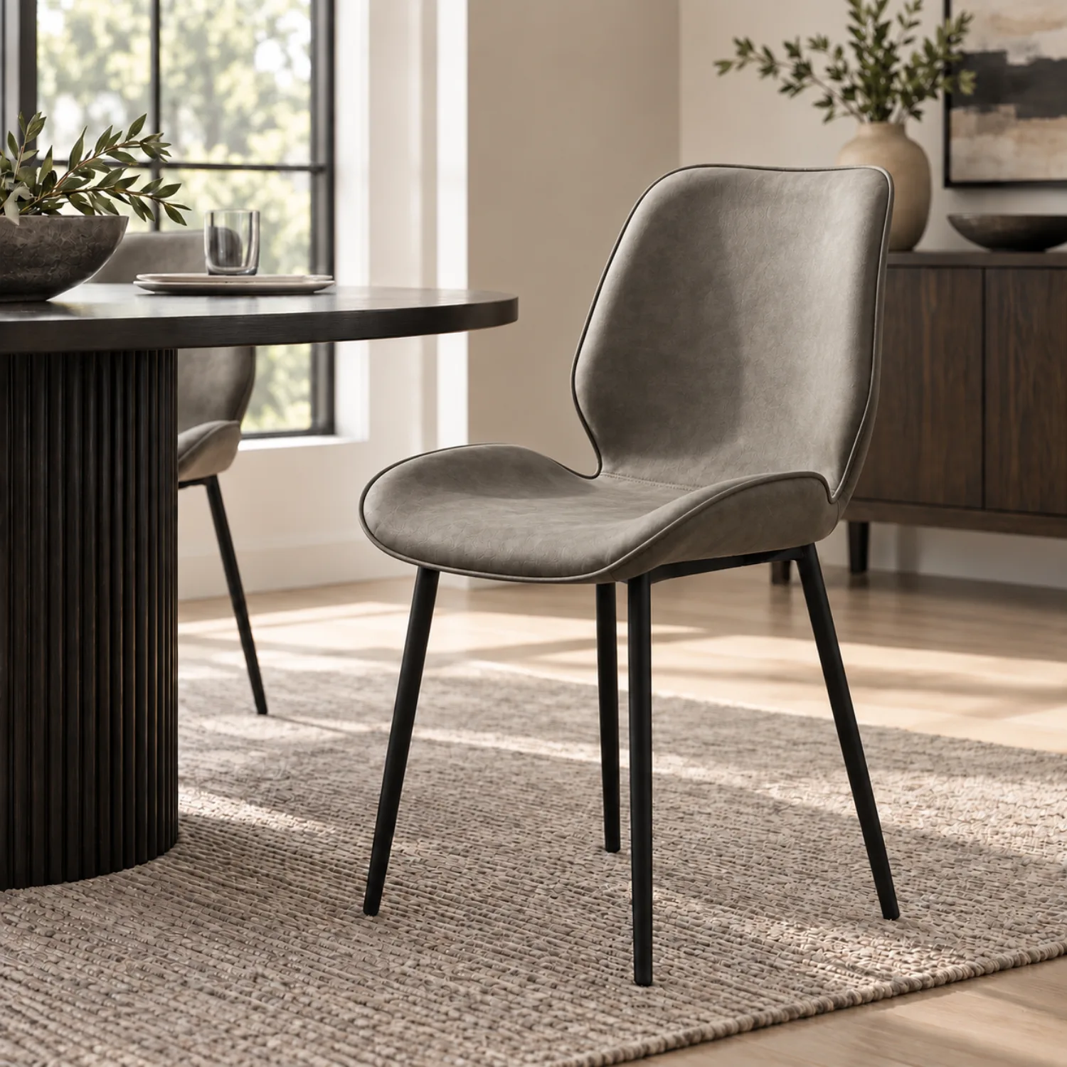 Grey Modern Wingback Faux Leather Upholstered Dining Chair Metal Legs Image - 1 | homeyfad