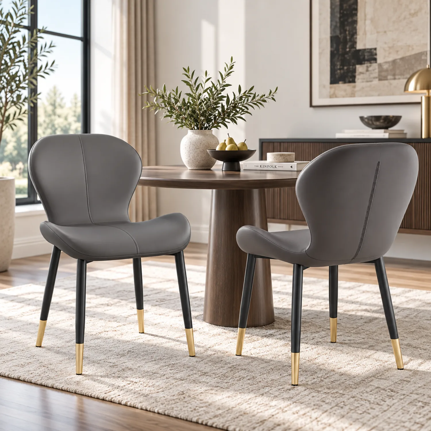 Dark Gray Black/ Gold Modern Wingback Faux Leather Upholstered Dining Chair with Metal Frame Image - 1 | homeyfad