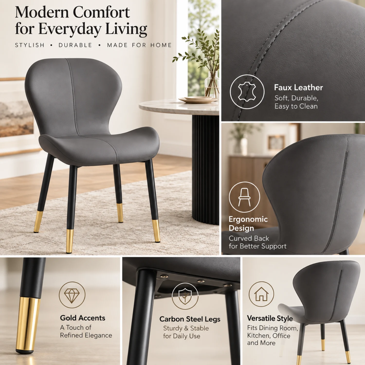 Modern Wingback Faux Leather Upholstered Dining Chair with Metal Frame Image - 2 | homeyfad