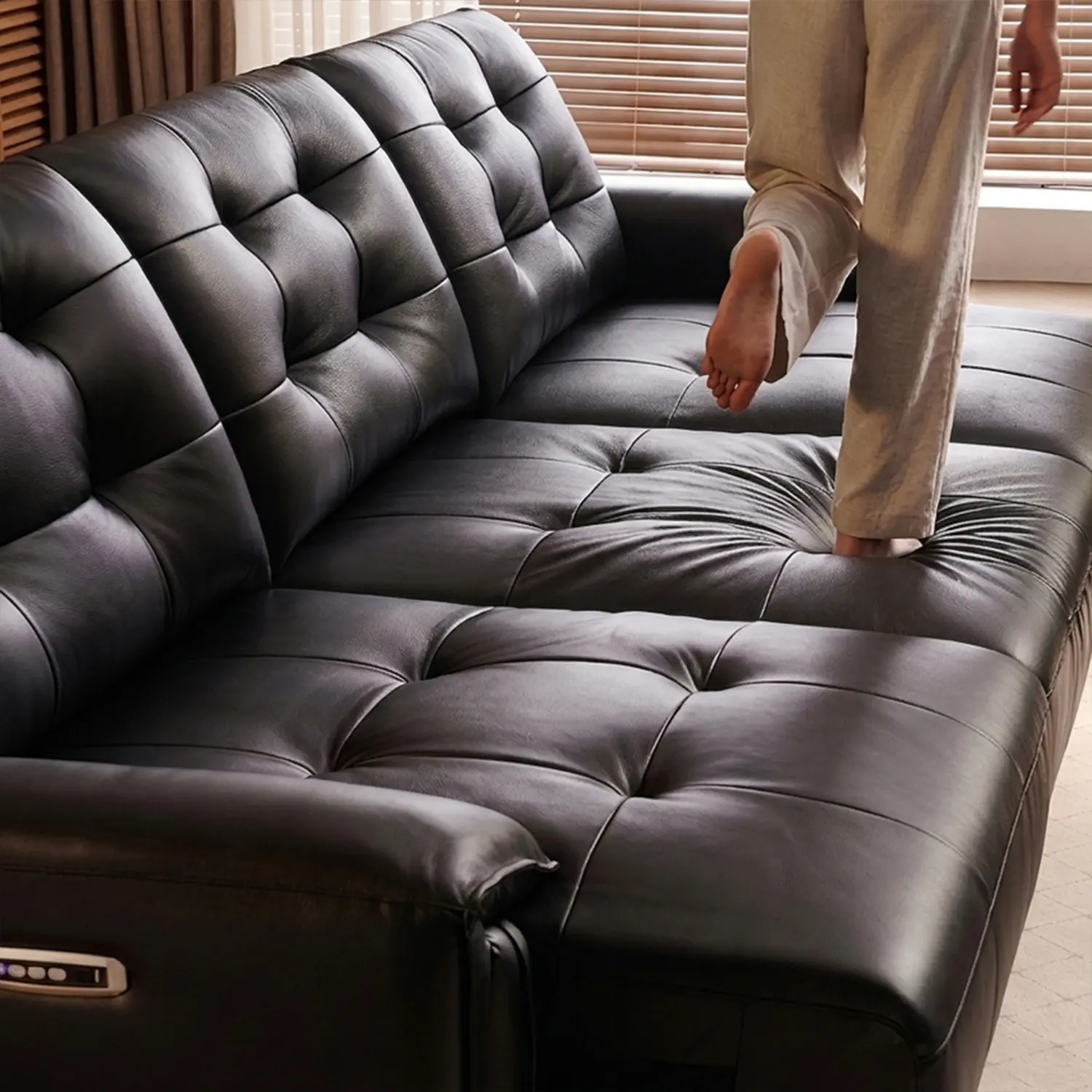 Mid-Century Modern Top-Grain Leather Tufted Power Pull-Out Sofa Bed Image - 21 | homeyfad