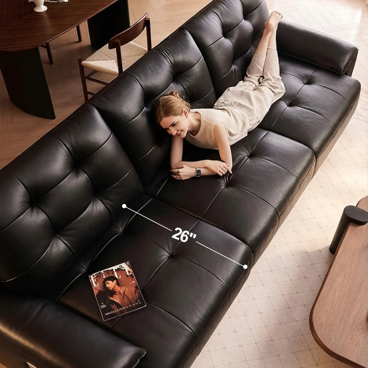 Mid-Century Modern Top-Grain Leather Tufted Power Pull-Out Sofa Bed Image - 23 | homeyfad