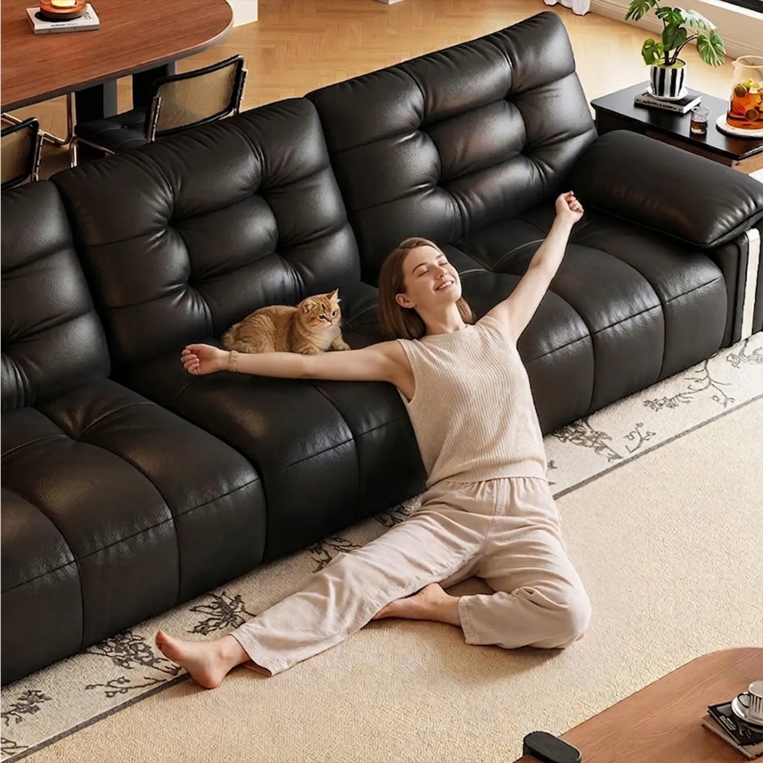 Mid-Century Modern Top-Grain Leather Tufted Power Pull-Out Sofa Bed Image - 22 | homeyfad