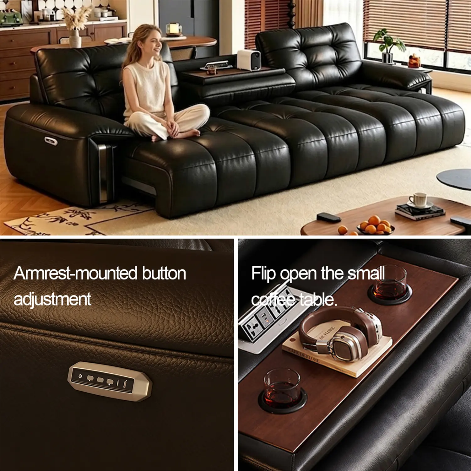 Mid-Century Modern Top-Grain Leather Tufted Power Pull-Out Sofa Bed Image - 28 | homeyfad