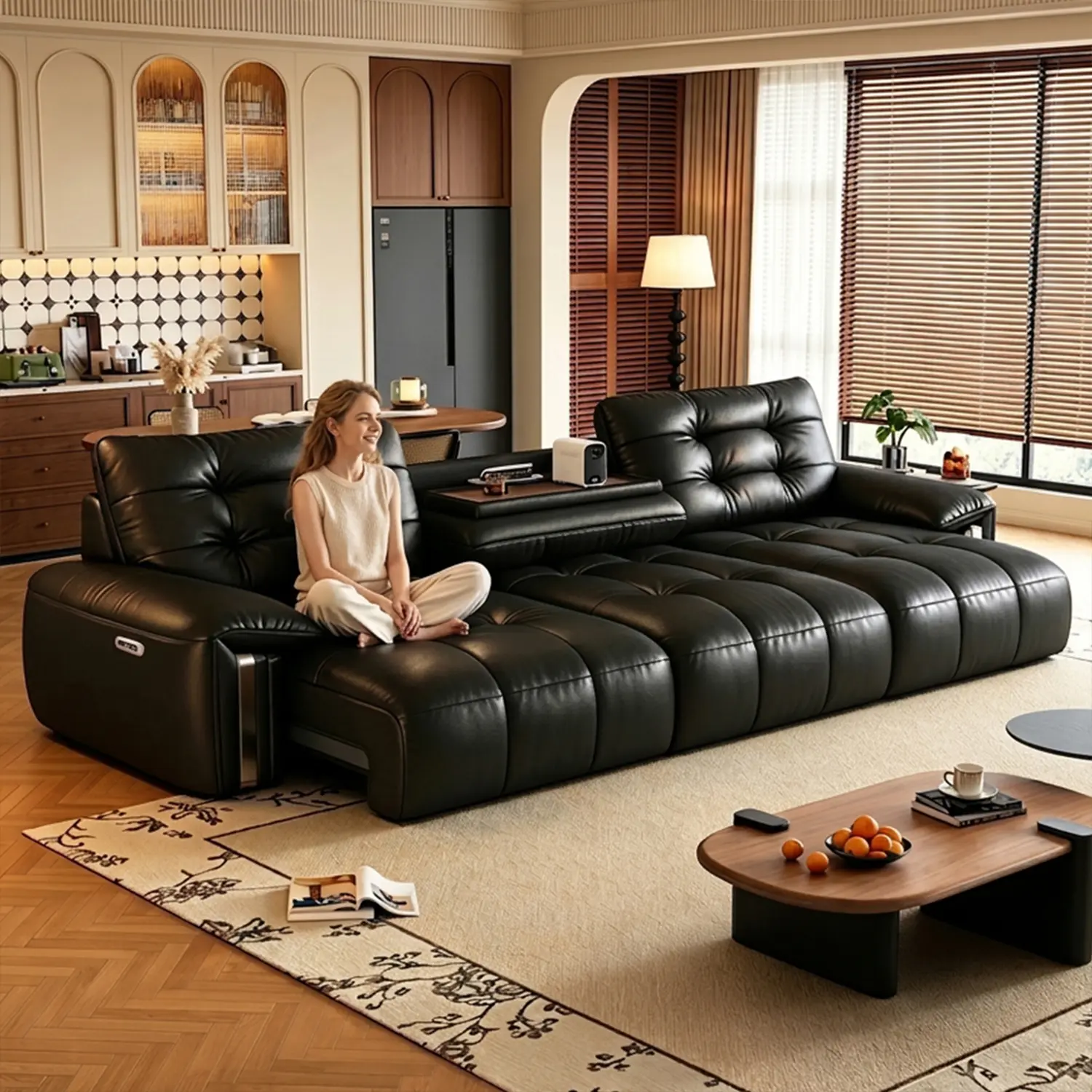 Mid-Century Modern Top-Grain Leather Tufted Power Pull-Out Sofa Bed Image - 8 | homeyfad