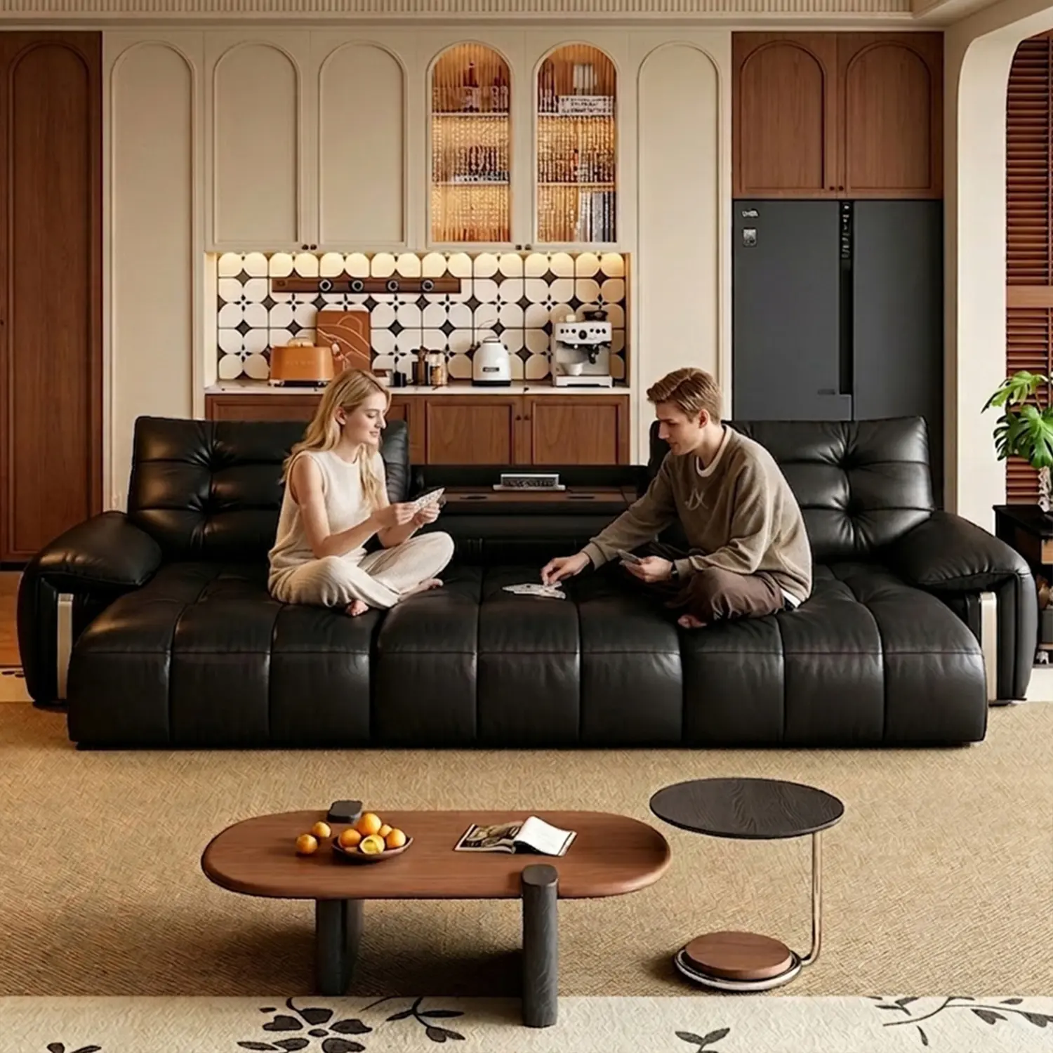 Mid-Century Modern Top-Grain Leather Tufted Power Pull-Out Sofa Bed Image - 14 | homeyfad