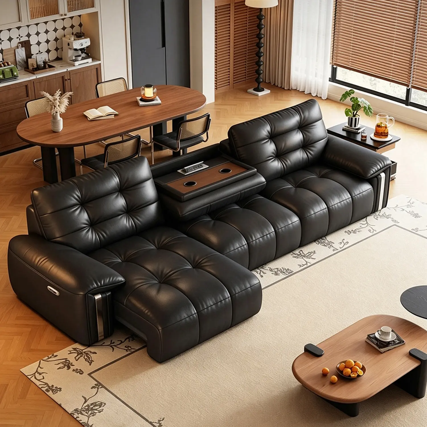 Mid-Century Modern Top-Grain Leather Tufted Power Pull-Out Sofa Bed Image - 13 | homeyfad