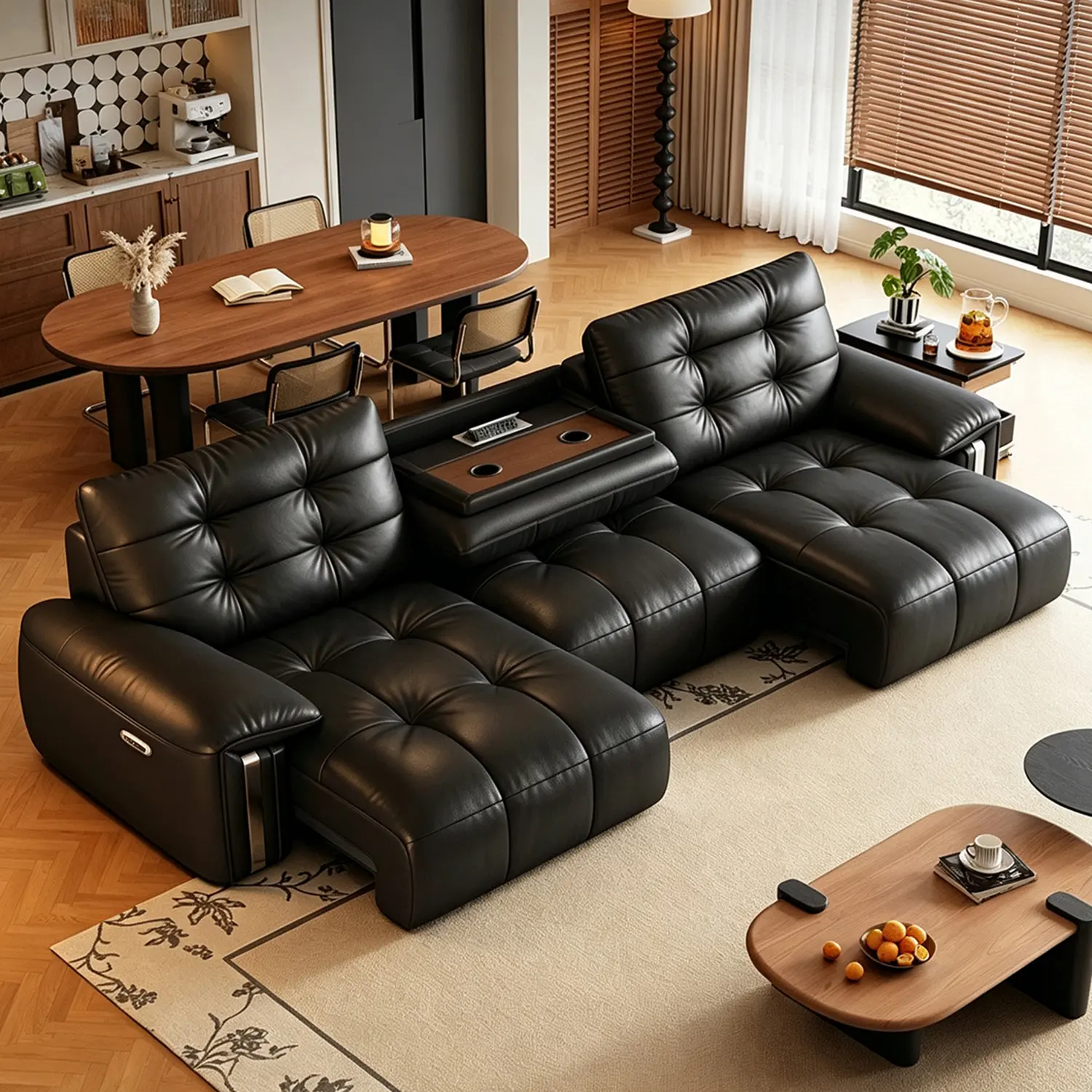 Mid-Century Modern Top-Grain Leather Tufted Power Pull-Out Sofa Bed Image - 10 | homeyfad