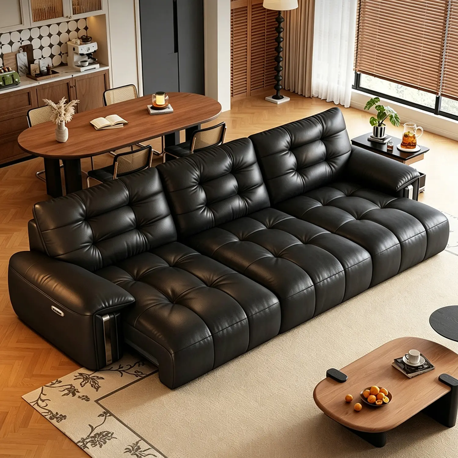 Black 3-Seater Mid-Century Modern Top-Grain Leather Tufted Power Pull-Out Sofa Bed Image - 9 | homeyfad