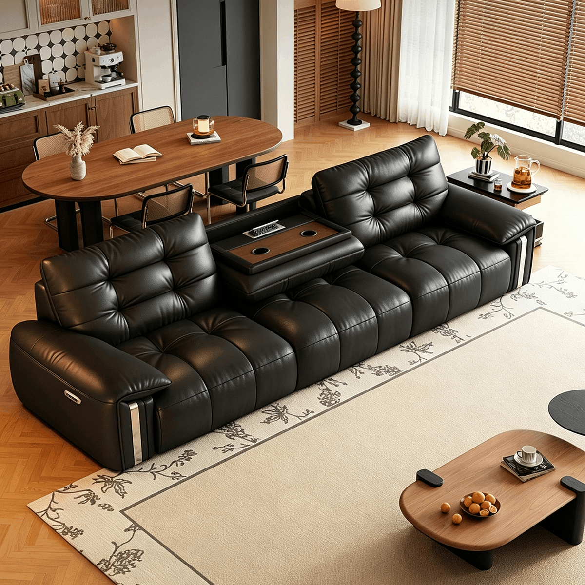 Mid-Century Modern Top-Grain Leather Tufted Power Pull-Out Sofa Bed | homeyfad