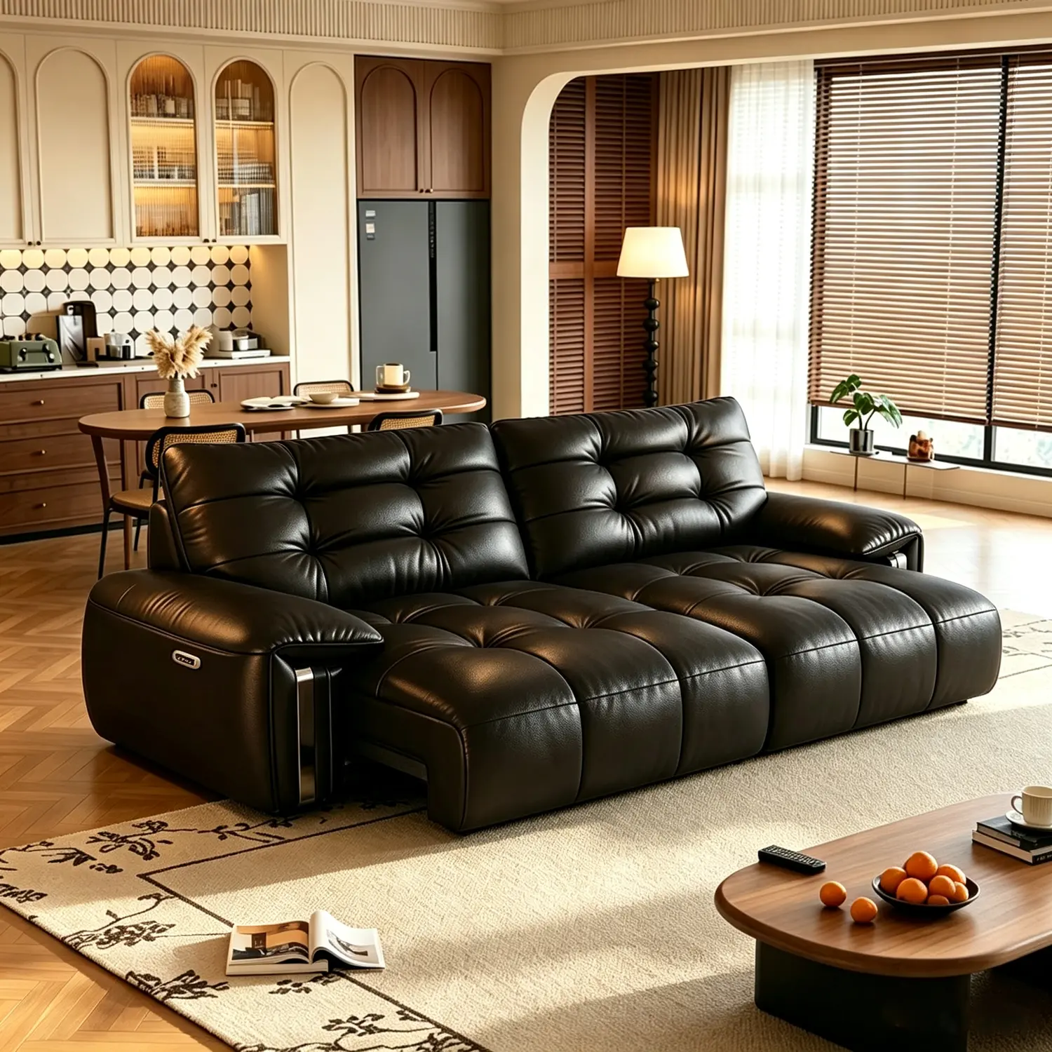 Black 2-Seater Mid-Century Modern Top-Grain Leather Tufted Power Pull-Out Sofa Bed Image - 15 | homeyfad