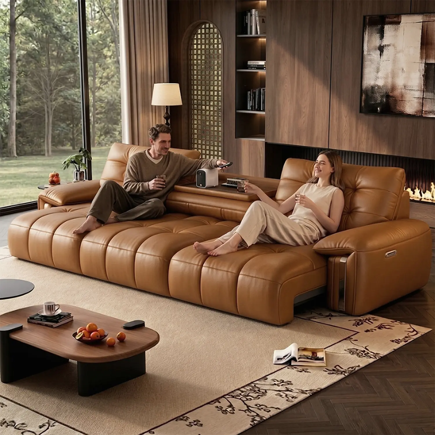 Mid-Century Modern Top-Grain Leather Tufted Power Pull-Out Sofa Bed Image - 3 | homeyfad