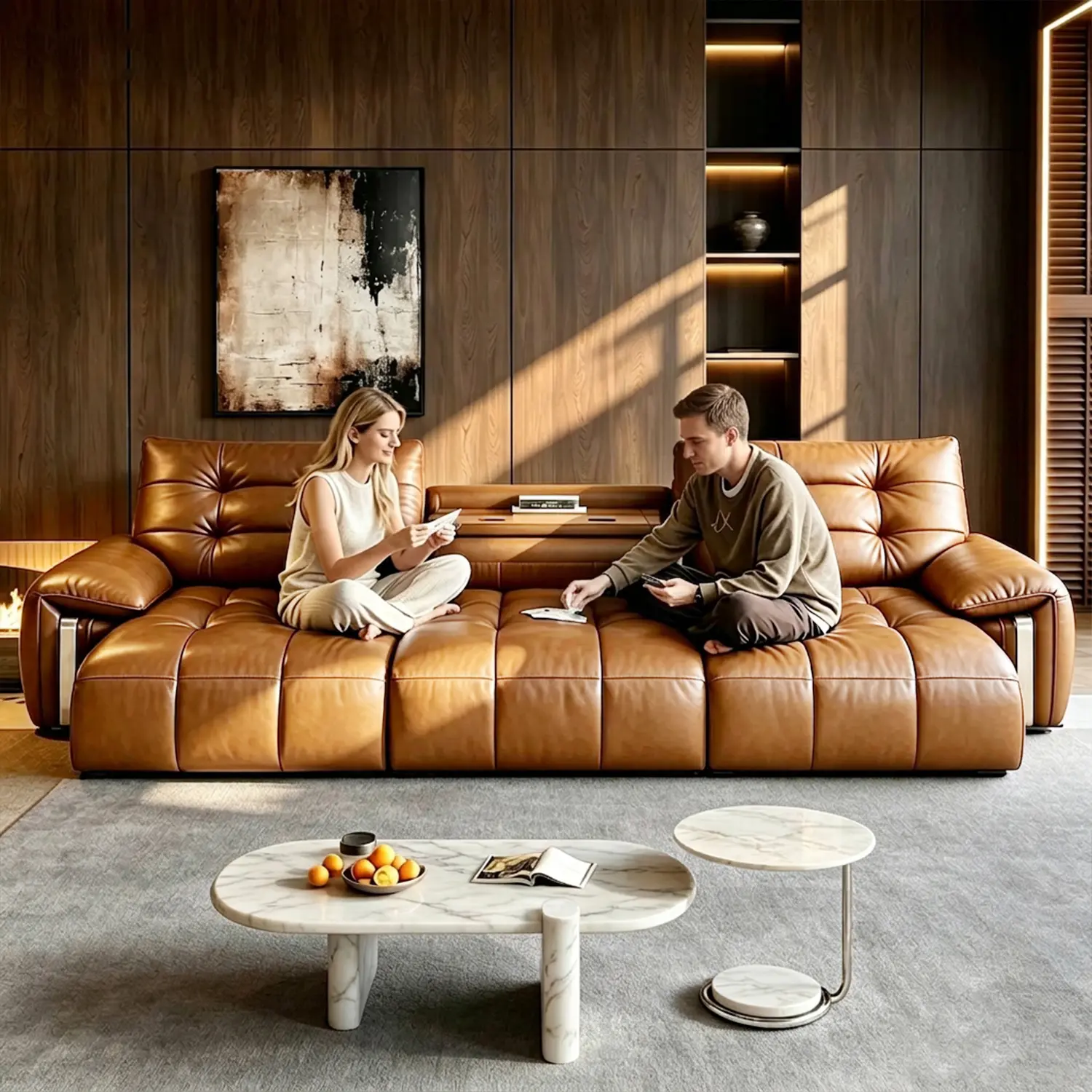 Mid-Century Modern Top-Grain Leather Tufted Power Pull-Out Sofa Bed Image - 4 | homeyfad
