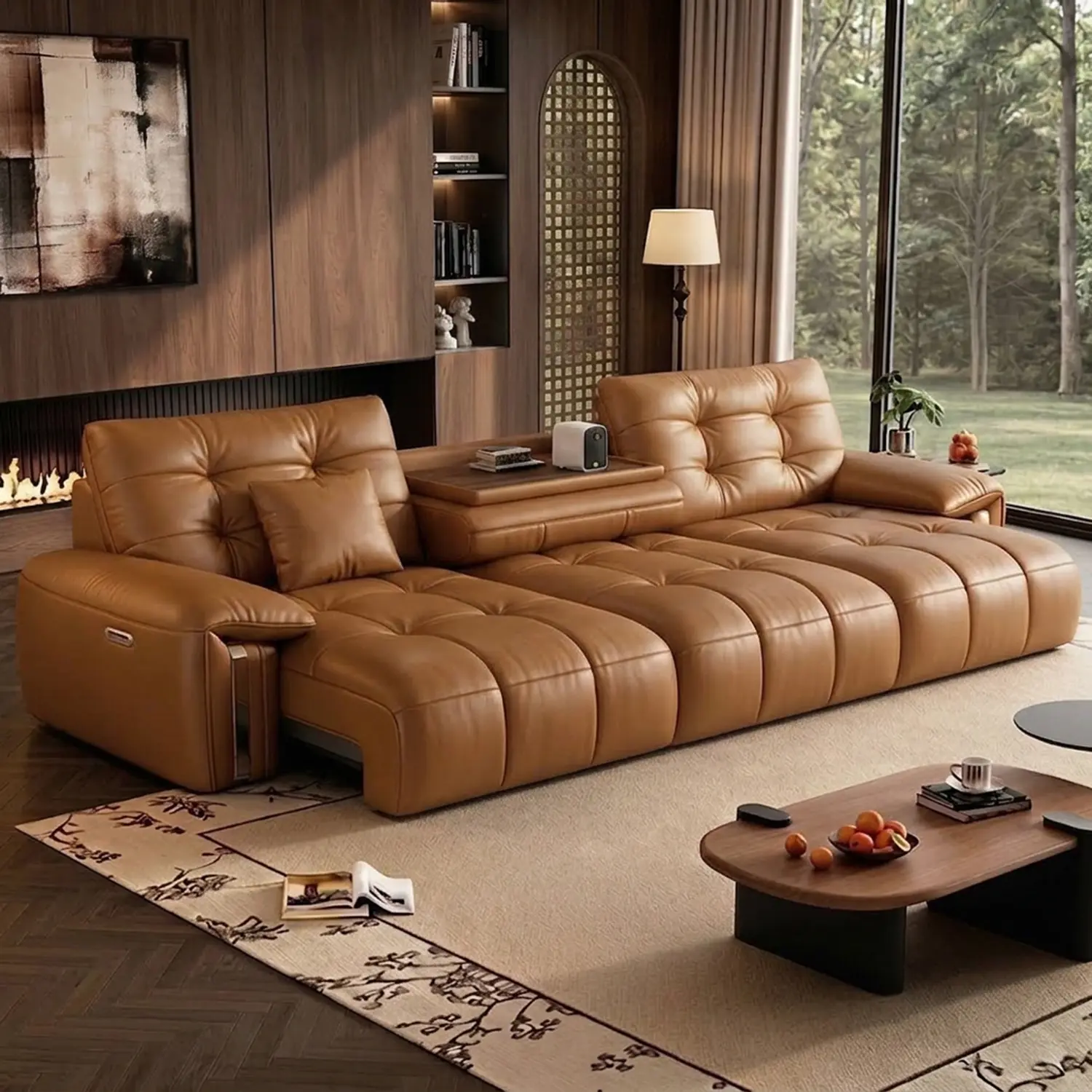 Mid-Century Modern Top-Grain Leather Tufted Power Pull-Out Sofa Bed Image - 1 | homeyfad