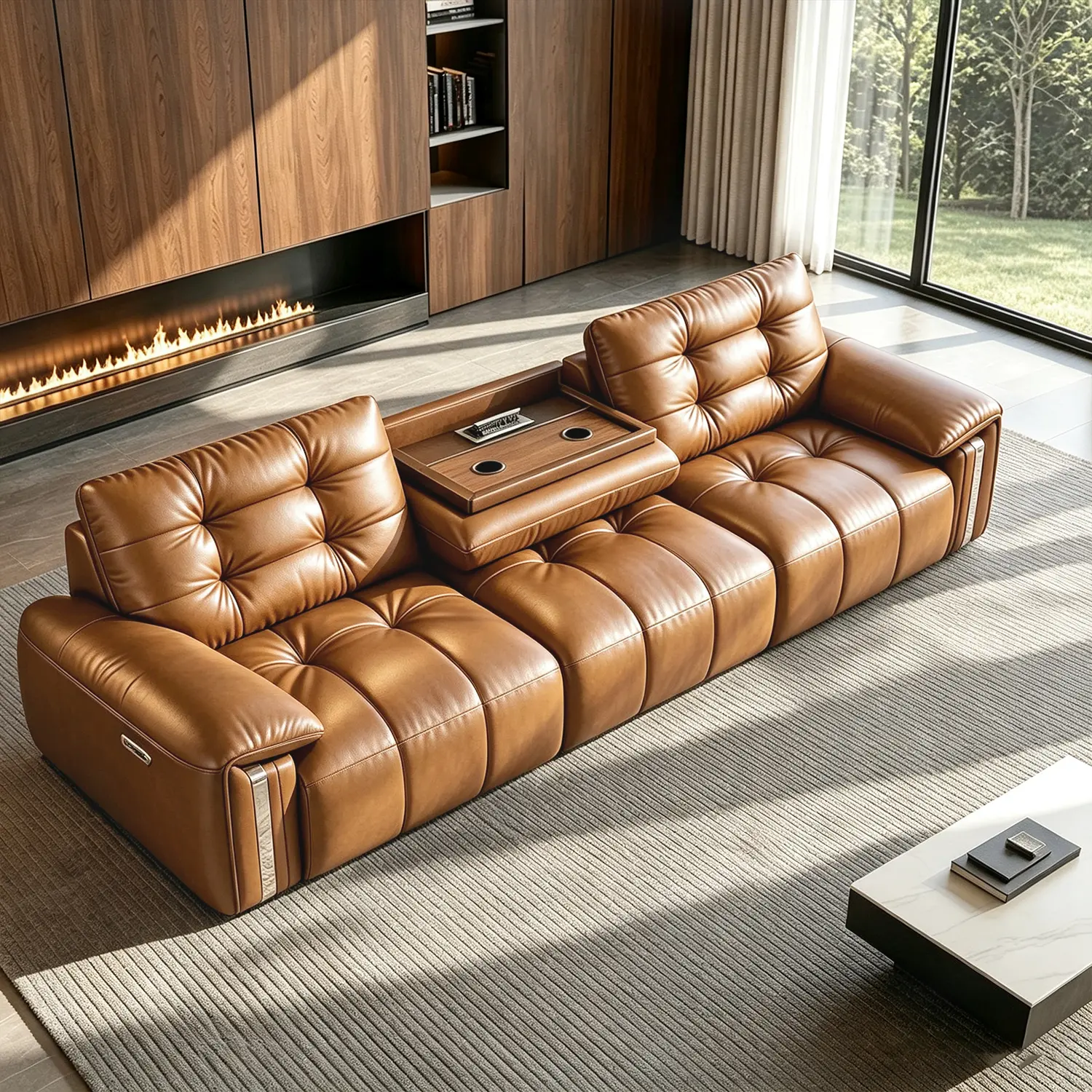 Mid-Century Modern Top-Grain Leather Tufted Power Pull-Out Sofa Bed Image - 5 | homeyfad