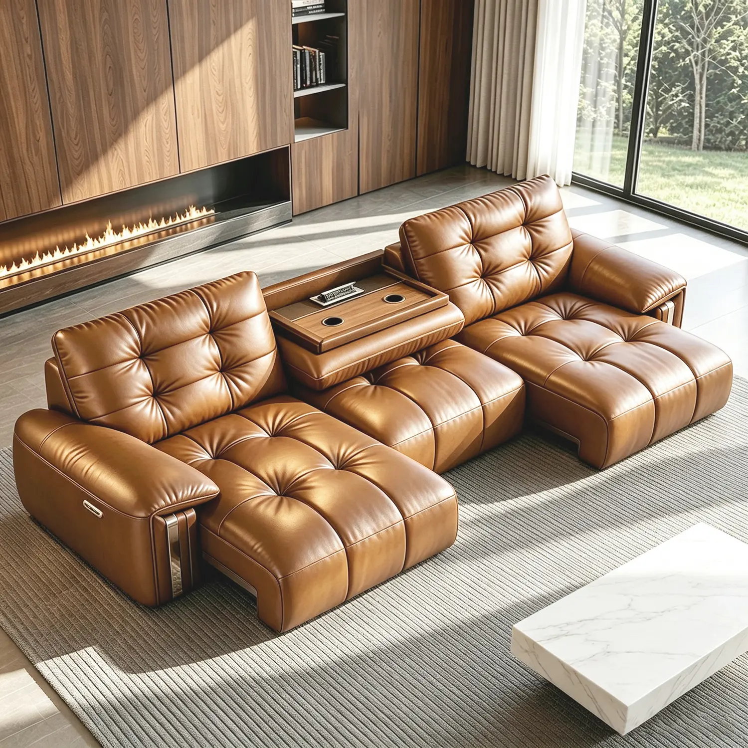 Brown 3-Seater Mid-Century Modern Top-Grain Leather Tufted Power Pull-Out Sofa Bed Image - 6 | homeyfad