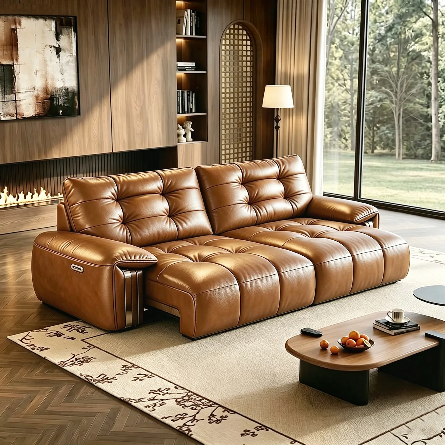 Brown 2-Seater Mid-Century Modern Top-Grain Leather Tufted Power Pull-Out Sofa Bed Image - 7 | homeyfad