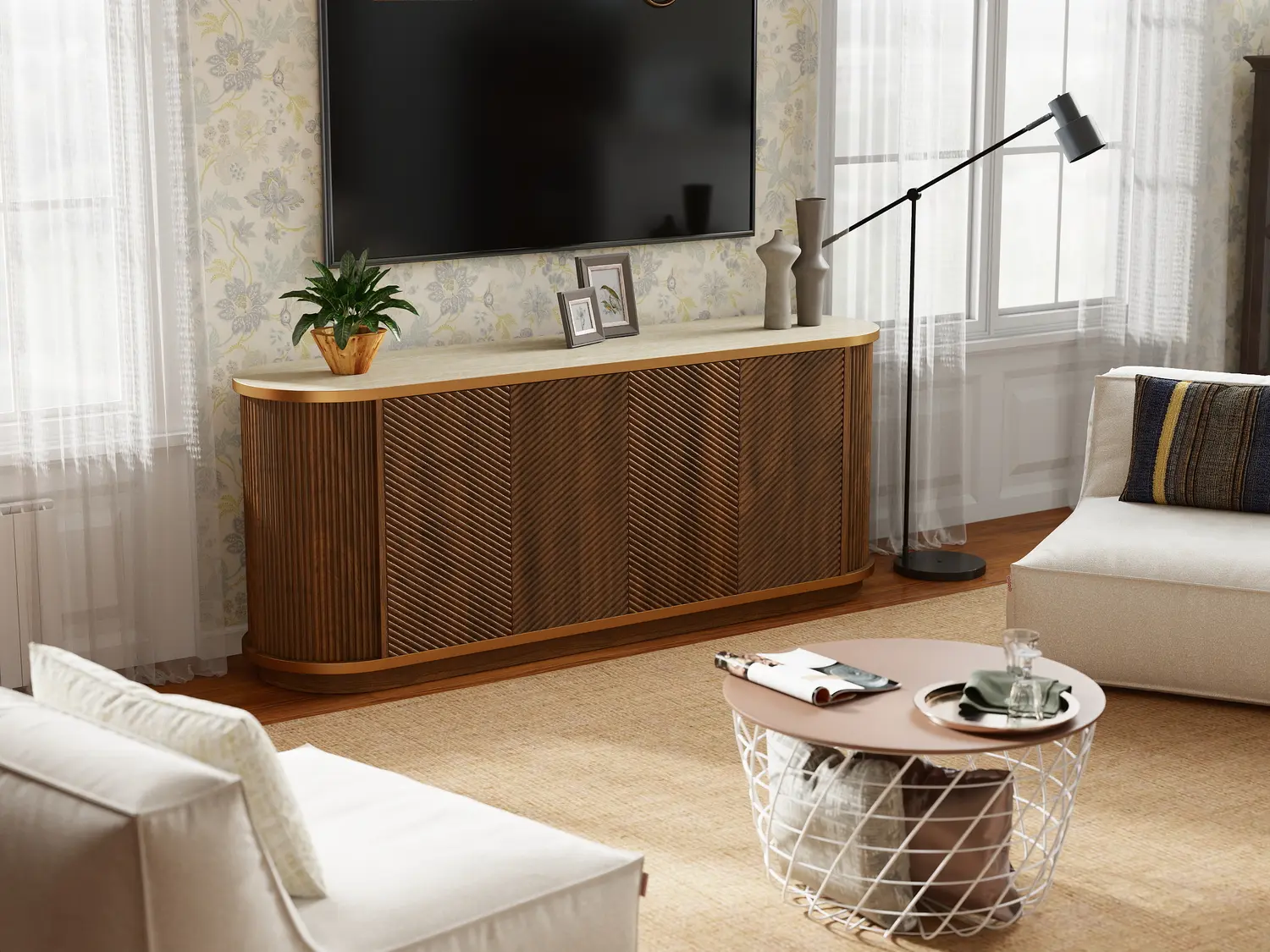 63" Mid-Century Modern 4-Door Sideboard Cabinet with Marble Top Image - 6 | homeyfad