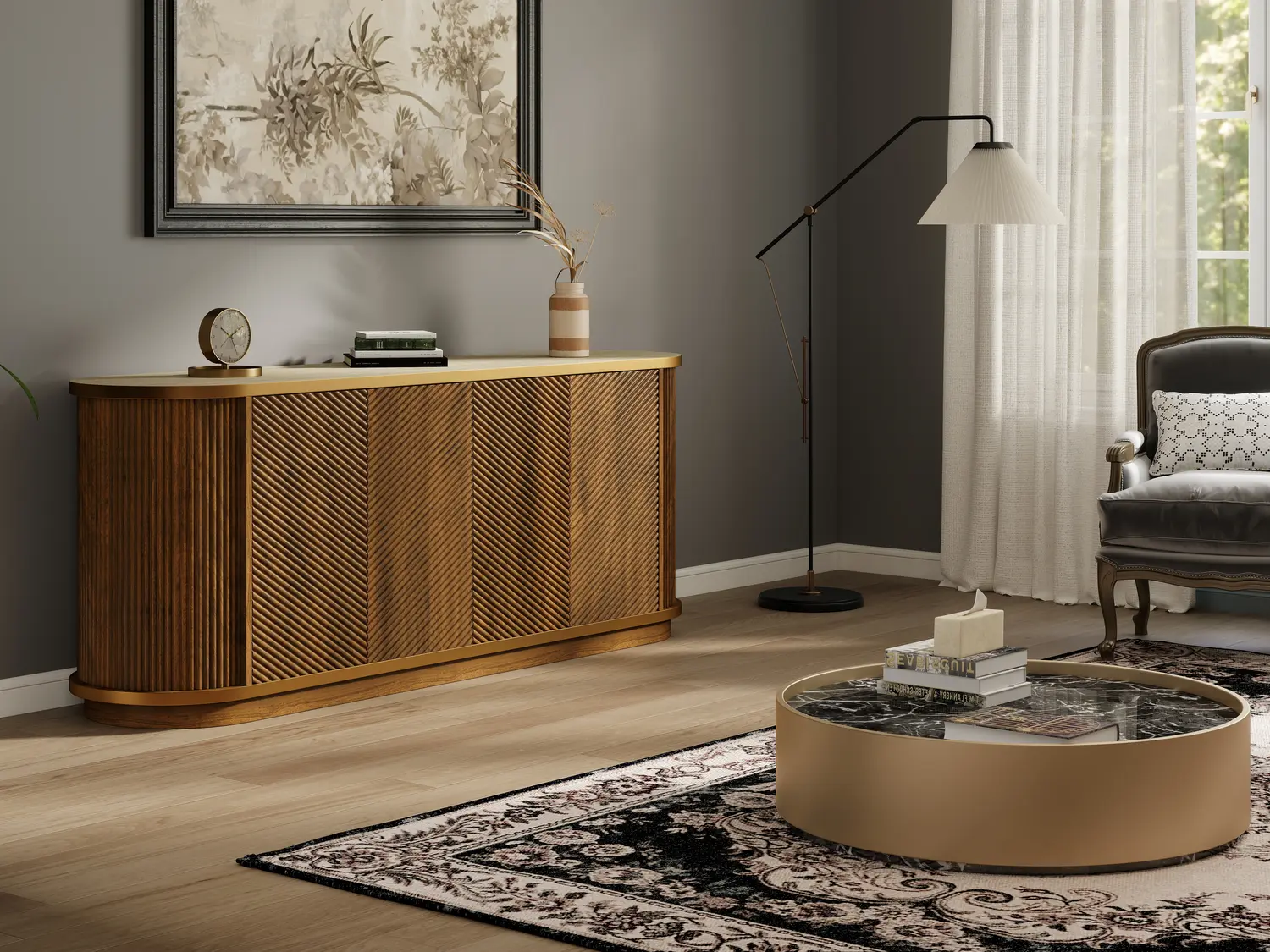 63" Mid-Century Modern 4-Door Sideboard Cabinet with Marble Top Image - 8 | homeyfad
