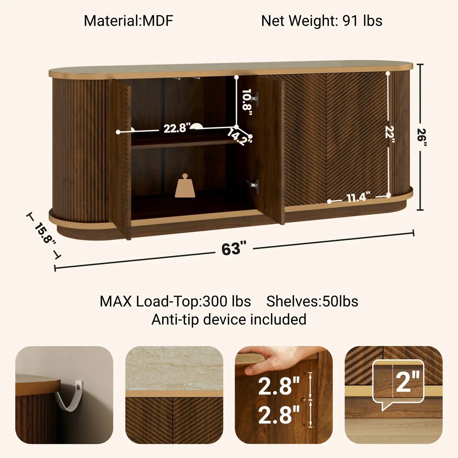63" Mid-Century Modern 4-Door Sideboard Cabinet with Marble Top Image - 44 | homeyfad