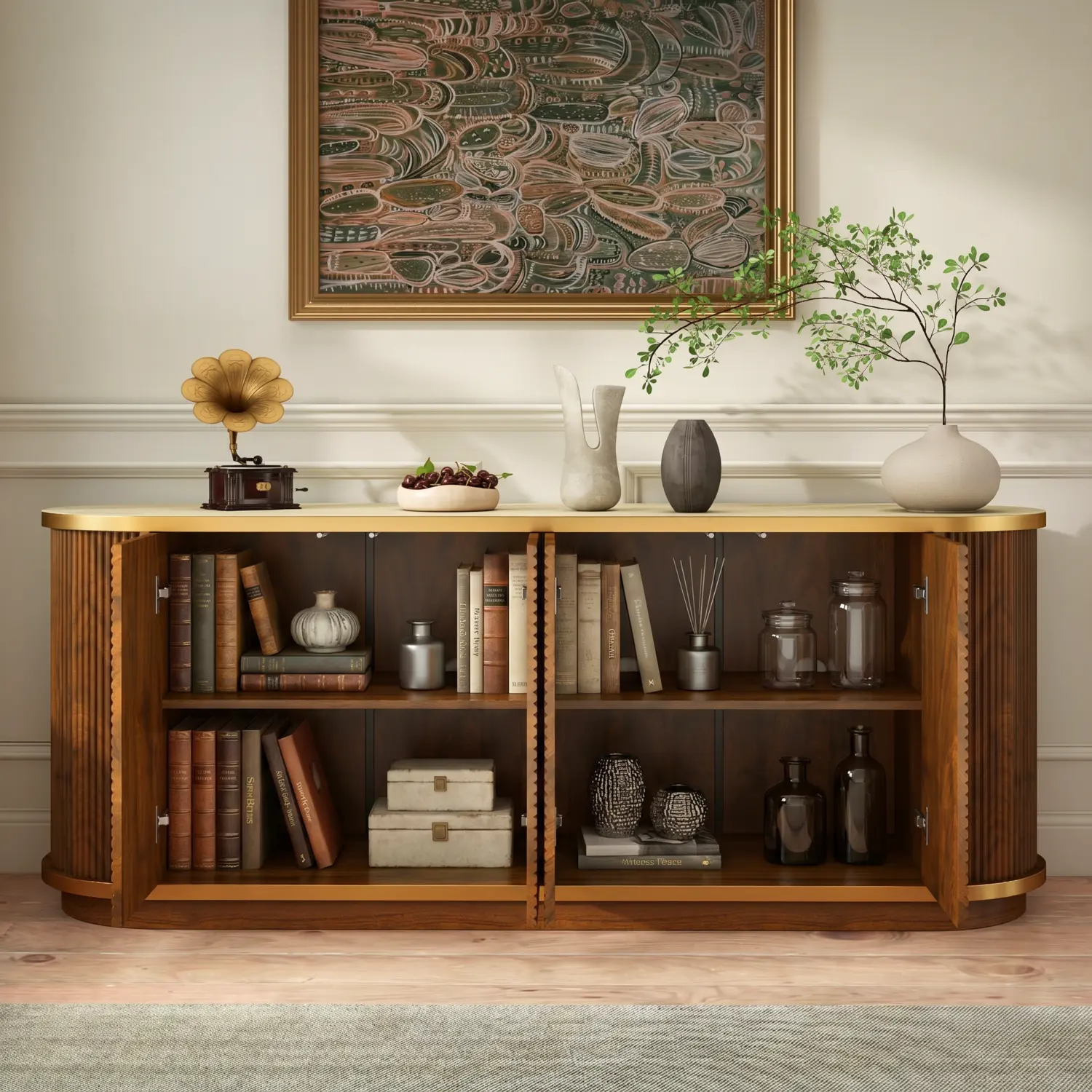 63" Mid-Century Modern 4-Door Sideboard Cabinet with Marble Top Image - 2 | homeyfad