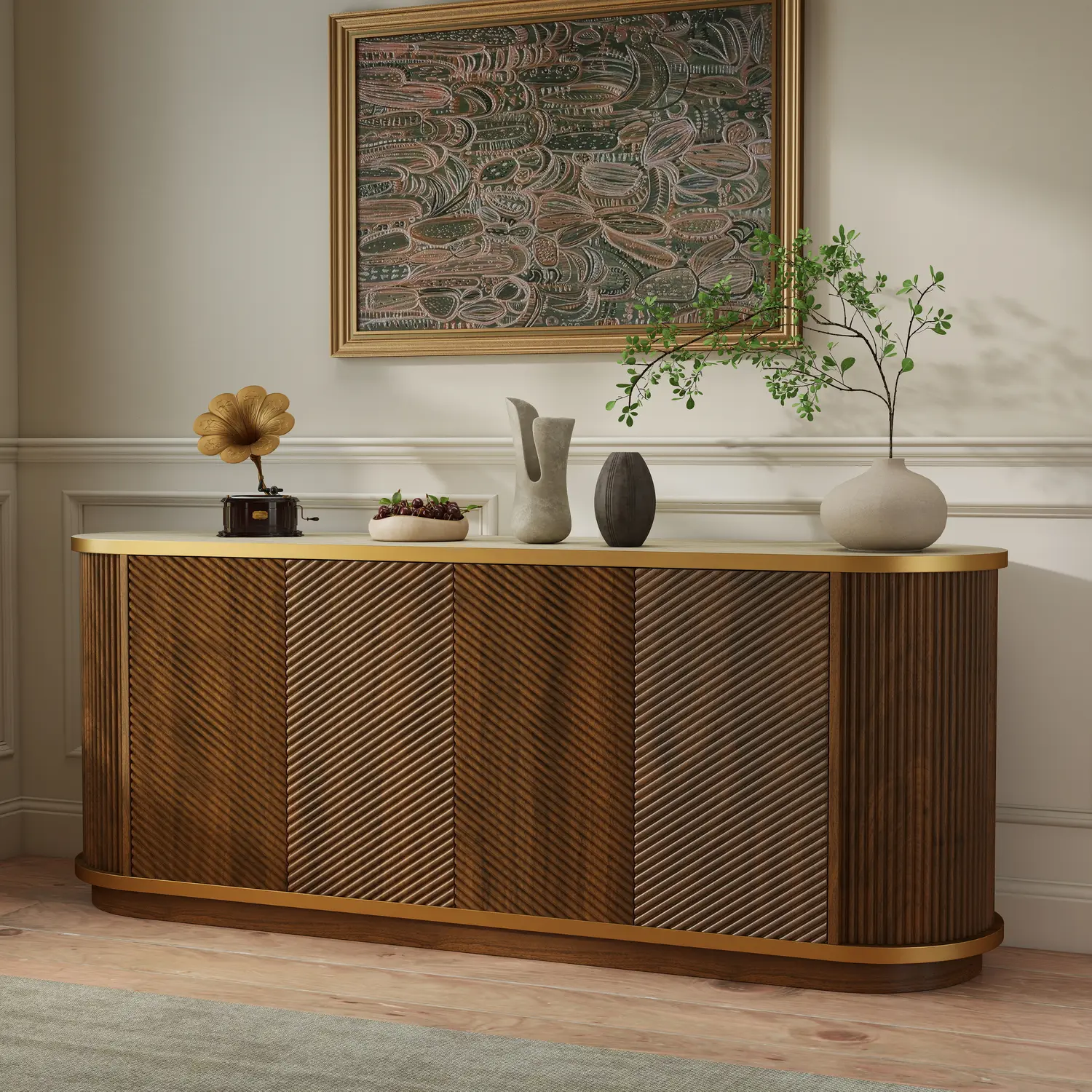 63" Mid-Century Modern 4-Door Sideboard Cabinet with Marble Top Image - 3 | homeyfad