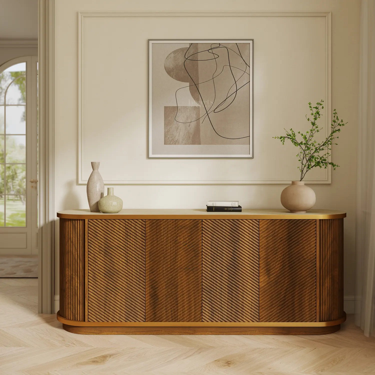 Brown & Gold 63" Mid-Century Modern 4-Door Sideboard Cabinet with Marble Top Image - 4 | homeyfad