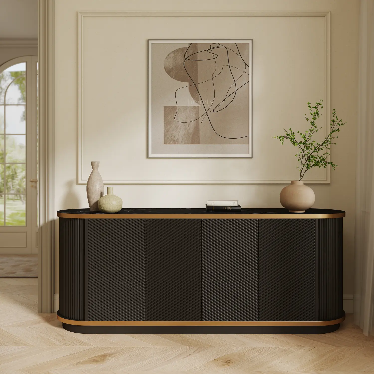 Black & Gold 63" Mid-Century Modern 4-Door Sideboard Cabinet with Marble Top Image - 29 | homeyfad