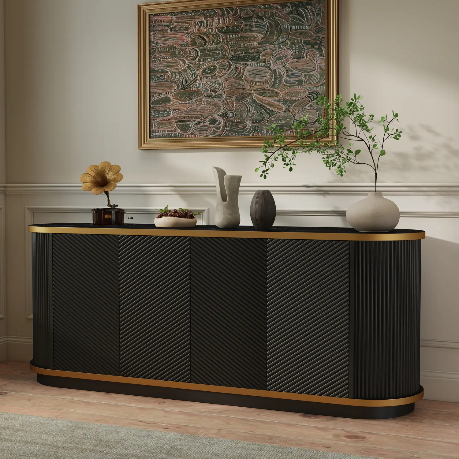 63" Mid-Century Modern 4-Door Sideboard Cabinet with Marble Top Image - 27 | homeyfad