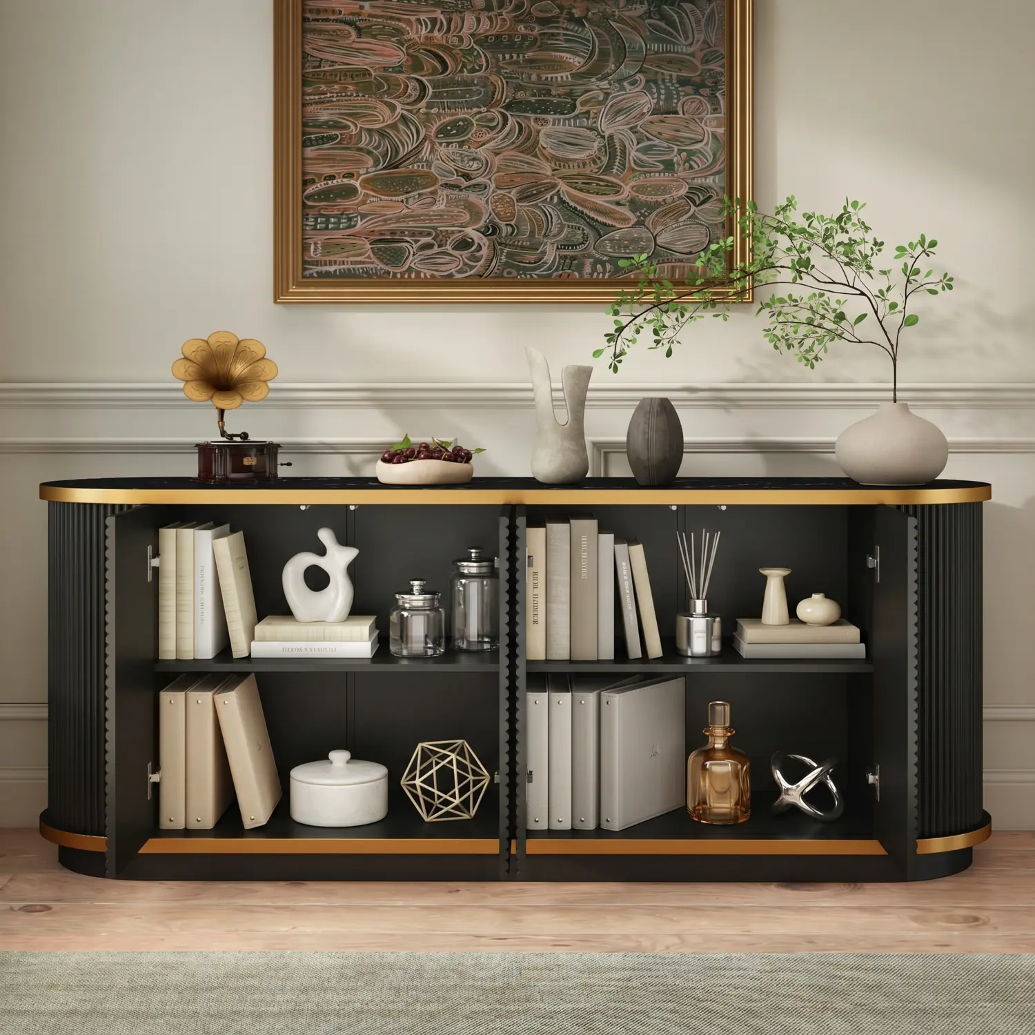 63" Mid-Century Modern 4-Door Sideboard Cabinet with Marble Top Image - 26 | homeyfad
