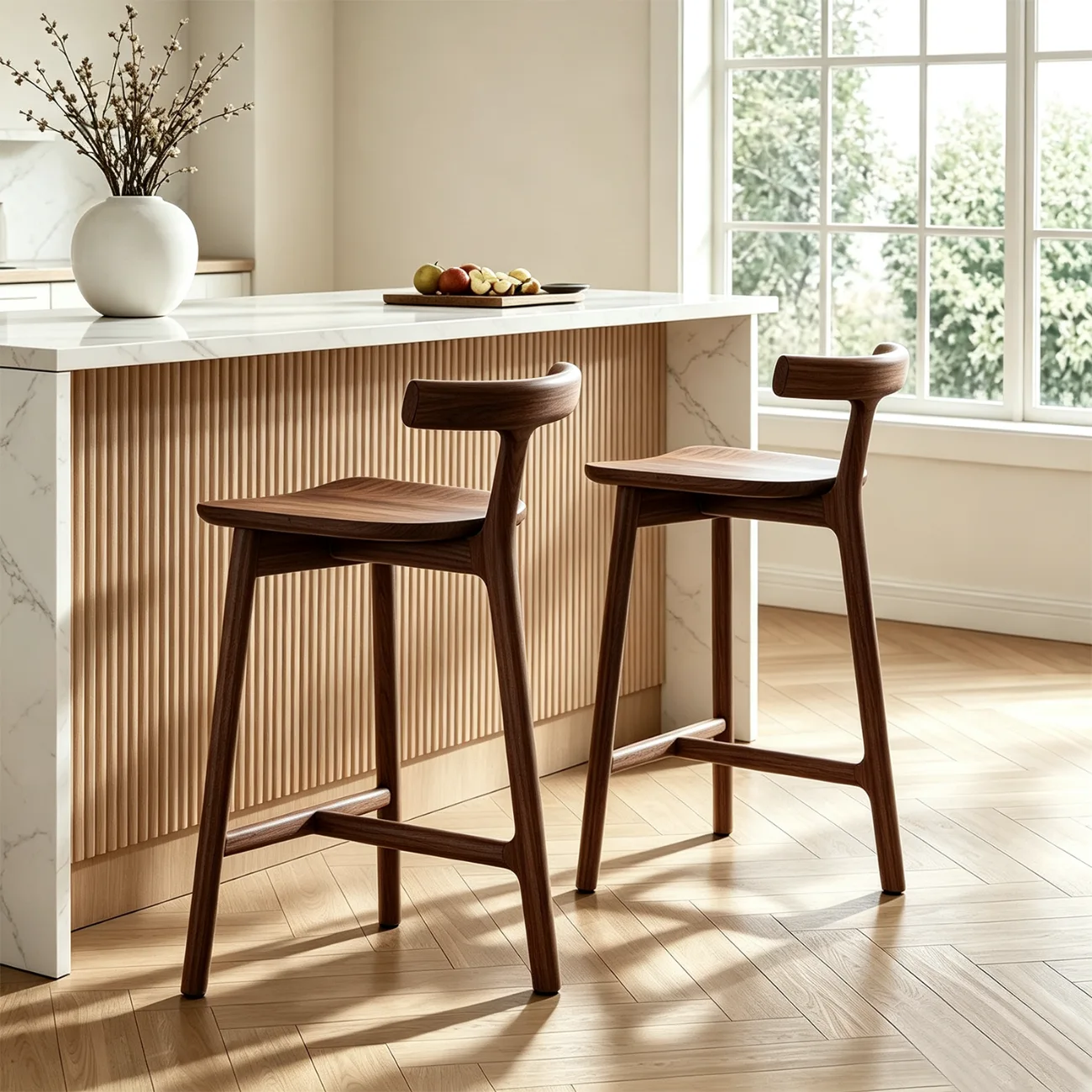 Natural Tripod Ash Wood Fabric Armless Bar Stool Image - 2 | homeyfad