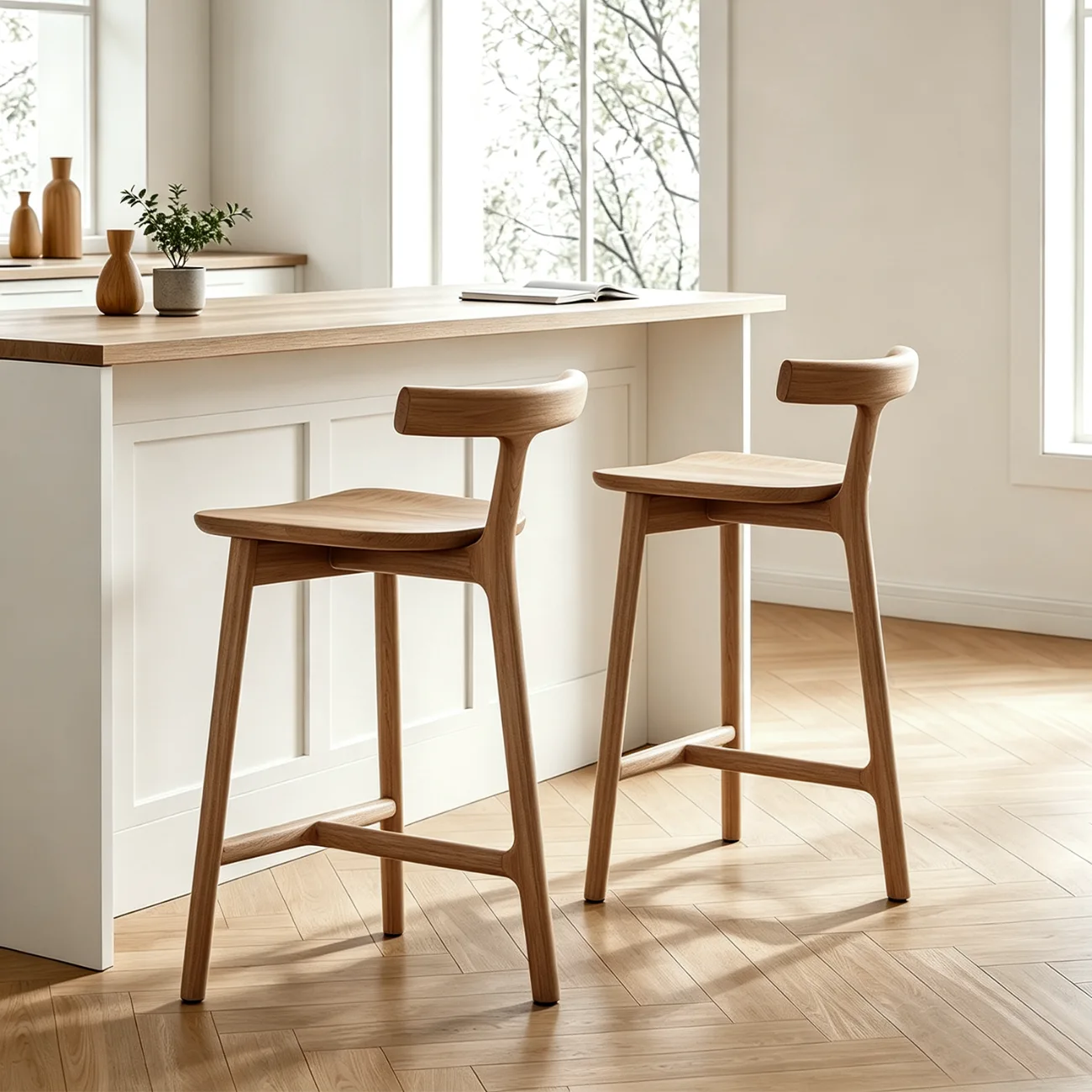 Natural Tripod Ash Wood Fabric Armless Bar Stool Image - 7 | homeyfad