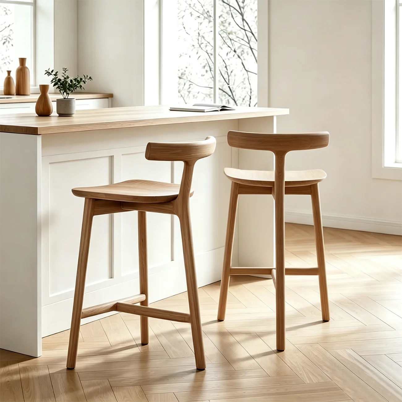 Natural Tripod Ash Wood Fabric Armless Bar Stool Image - 6 | homeyfad