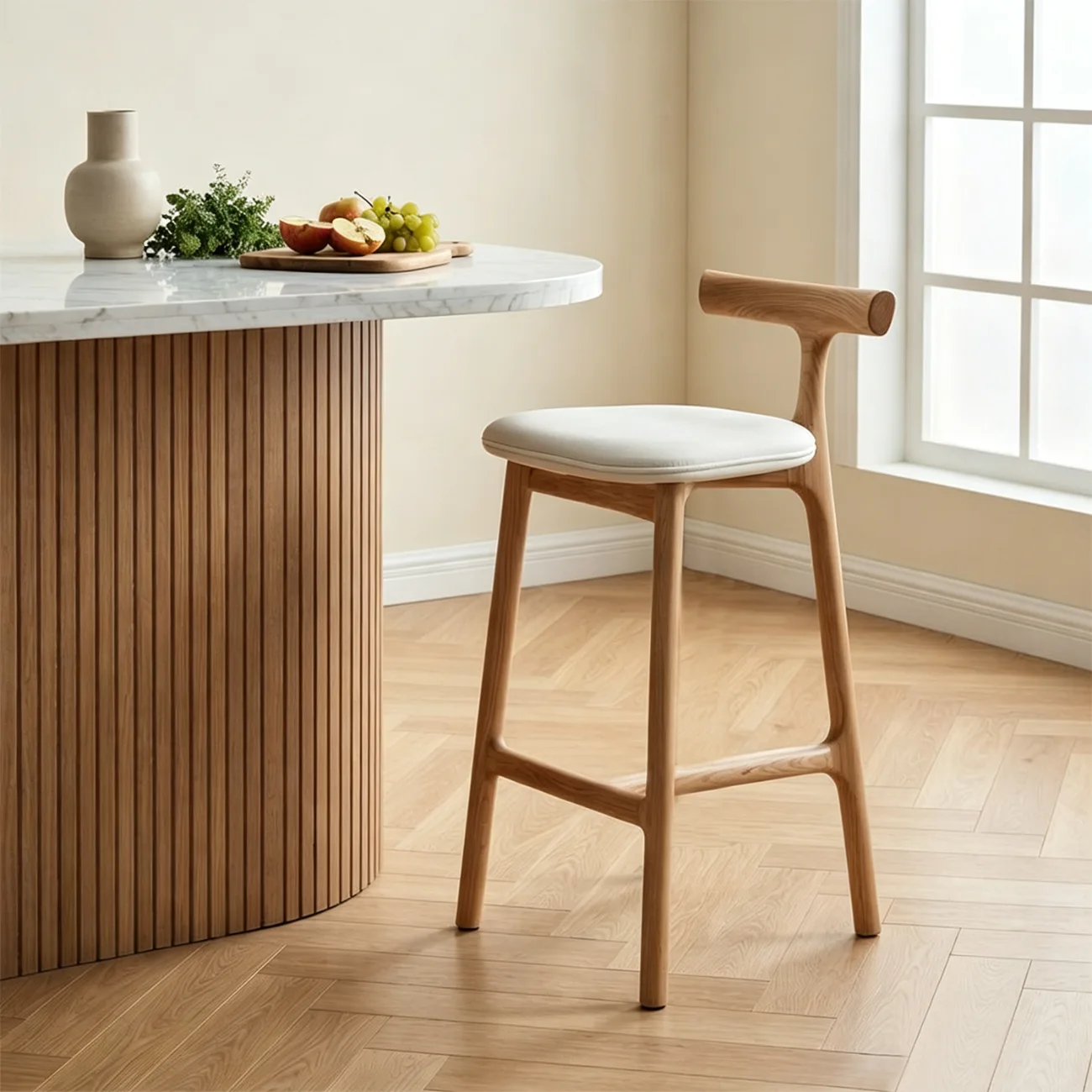 Natural Tripod Ash Wood Fabric Armless Bar Stool Image - 1 | homeyfad