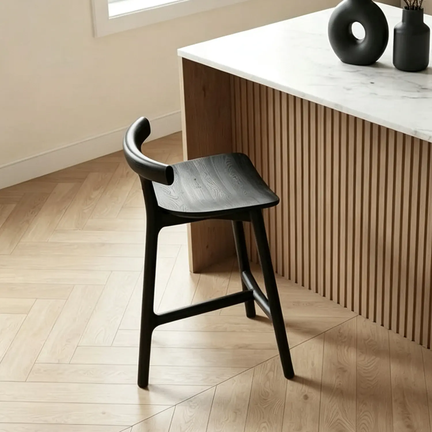 Natural Tripod Ash Wood Fabric Armless Bar Stool Image - 5 | homeyfad