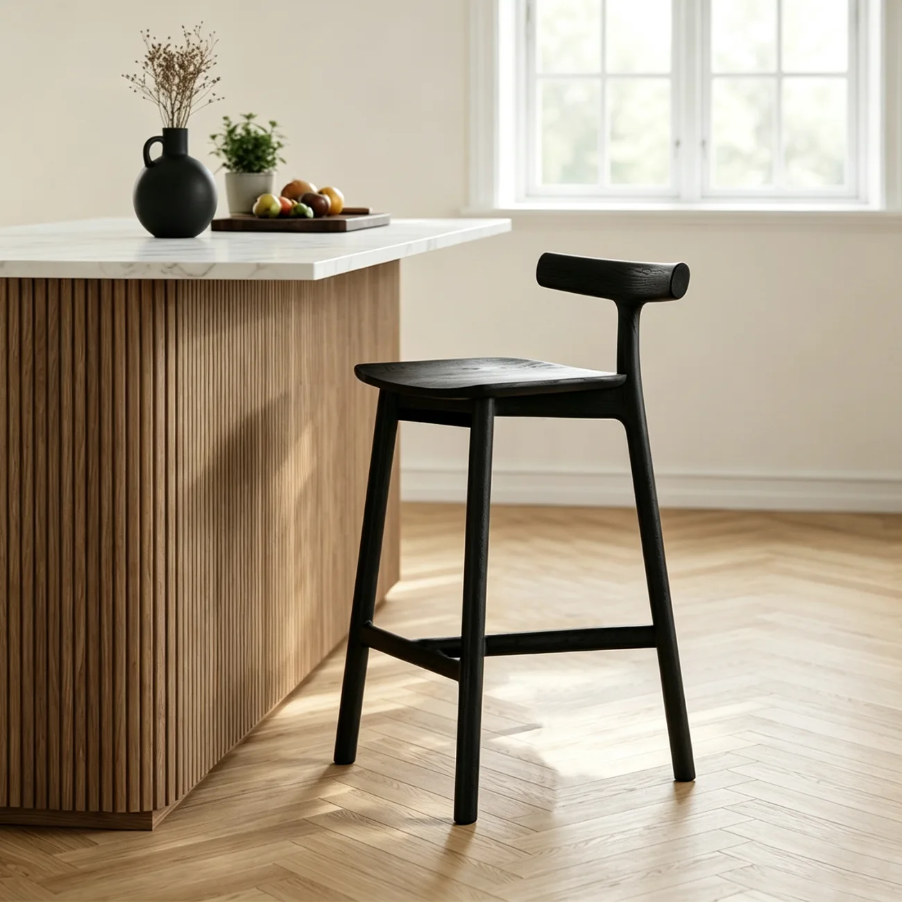 Natural Tripod Ash Wood Fabric Armless Bar Stool Image - 4 | homeyfad